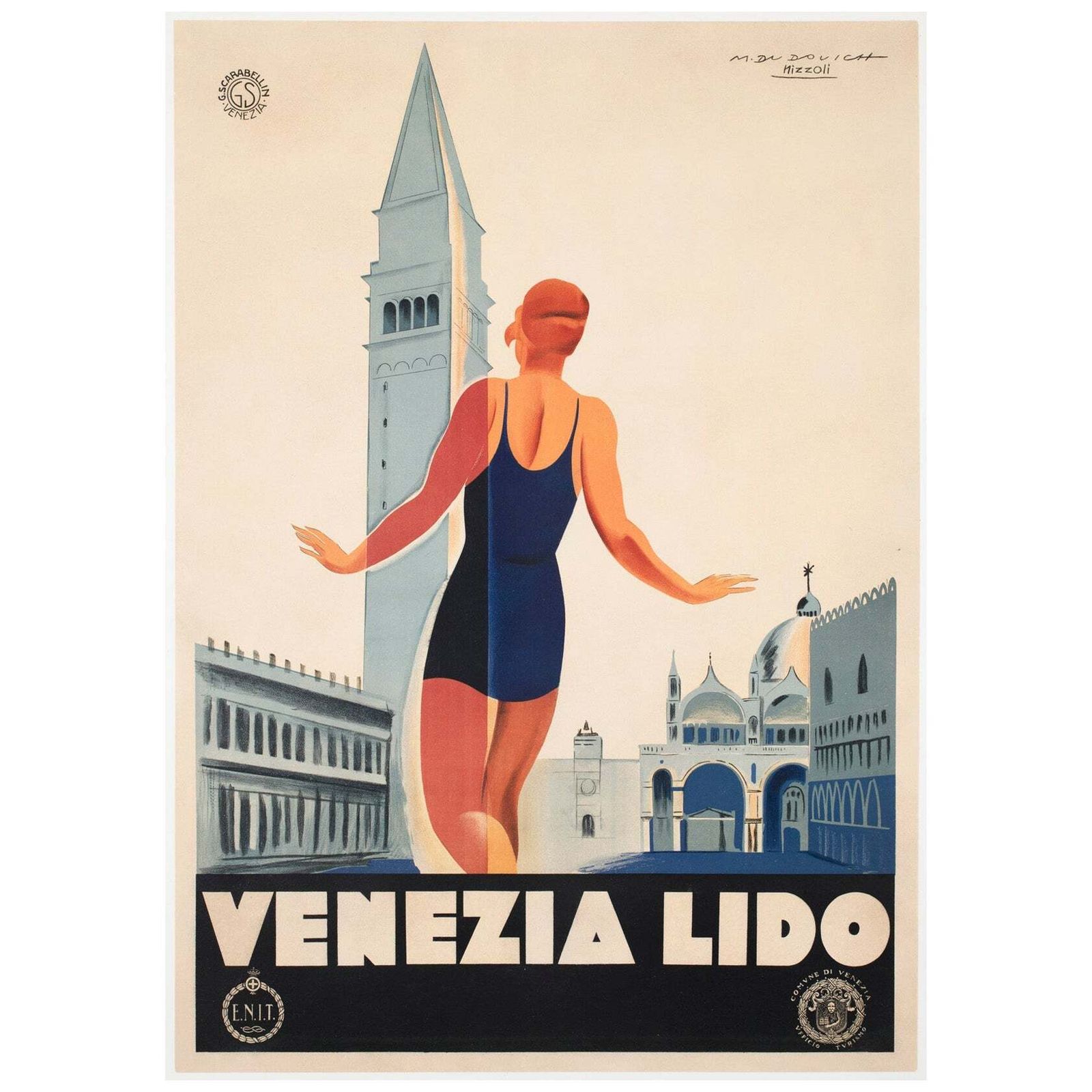 Affiche de voyage publicitaire ENIT, Venice Venezia Lido, vers 1930, Italie