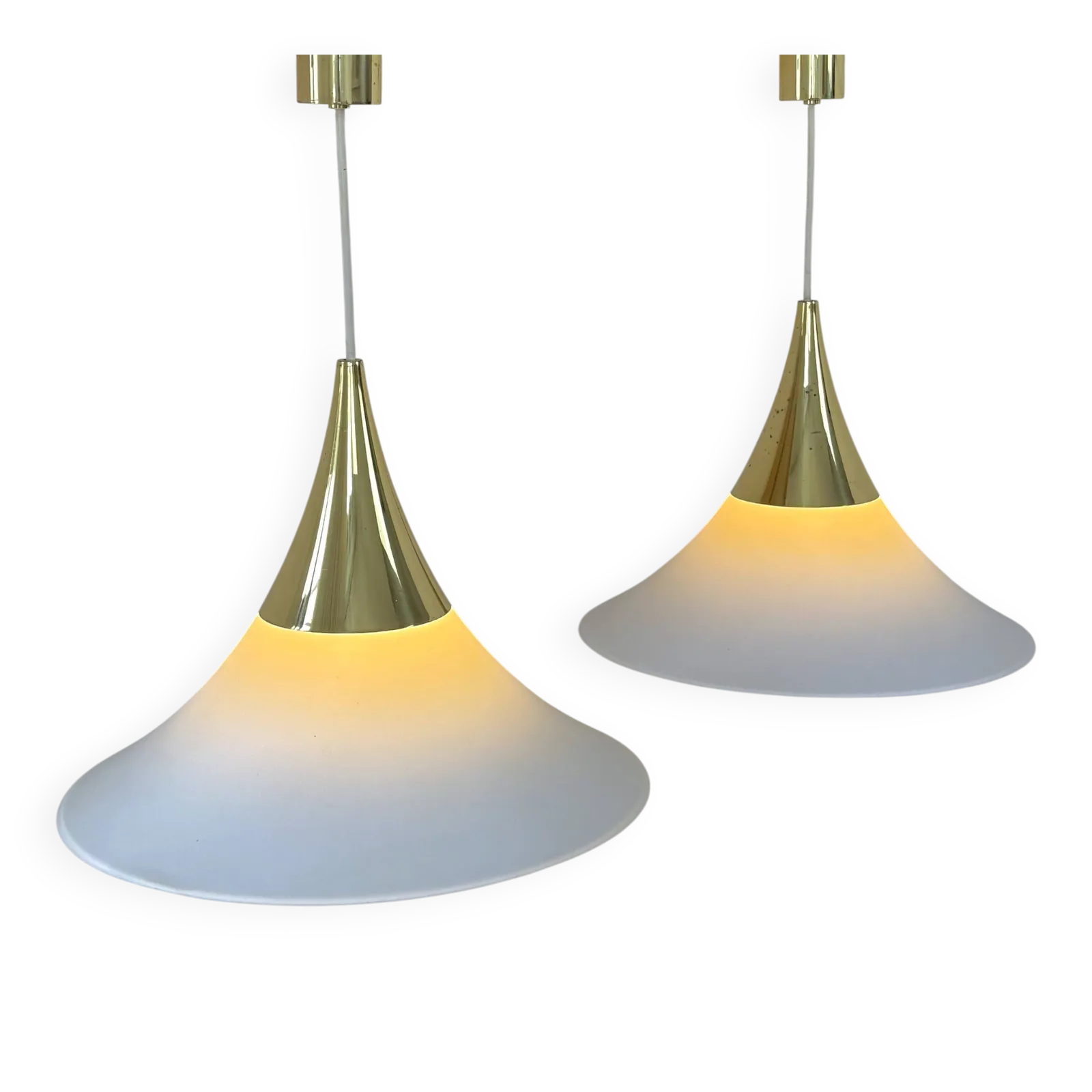 Pair Of Limburg Pendant Lights In Brass And Opaline Glass, Germany, 1970