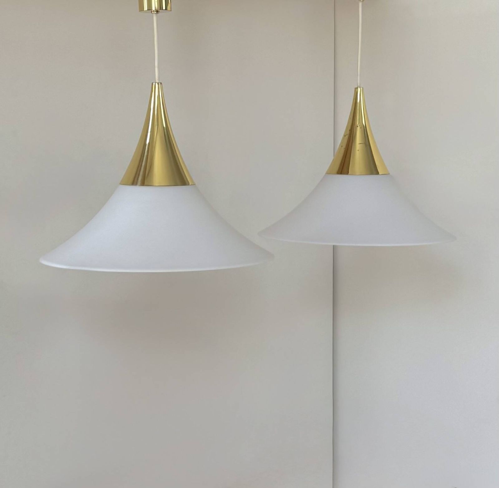Pair Of Limburg Pendant Lights In Brass And Opaline Glass, Germany, 1970 photo buy