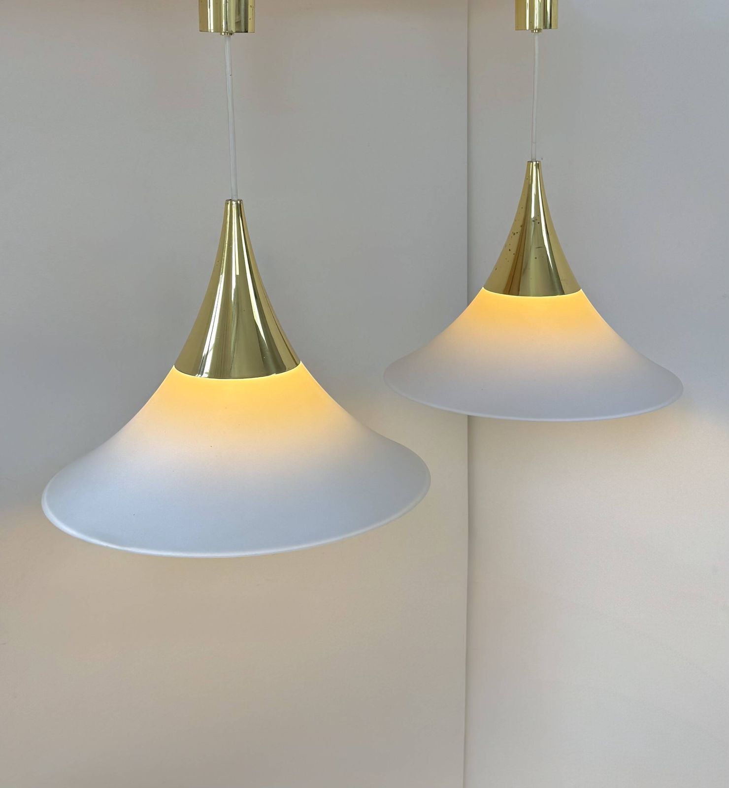 photo furniture Pair Of Limburg Pendant Lights In Brass And Opaline Glass, Germany, 1970