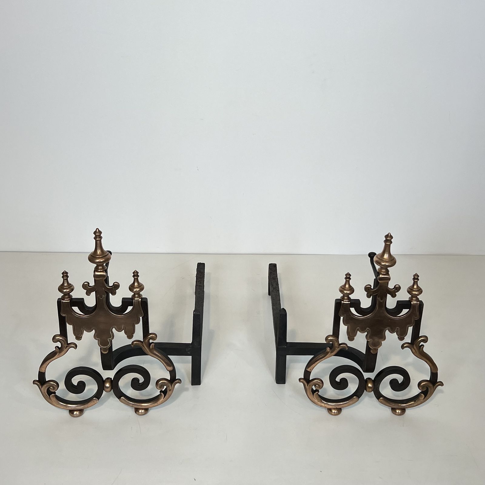 Important Pair Of Wrought Iron And Copper Andirons photo furniture