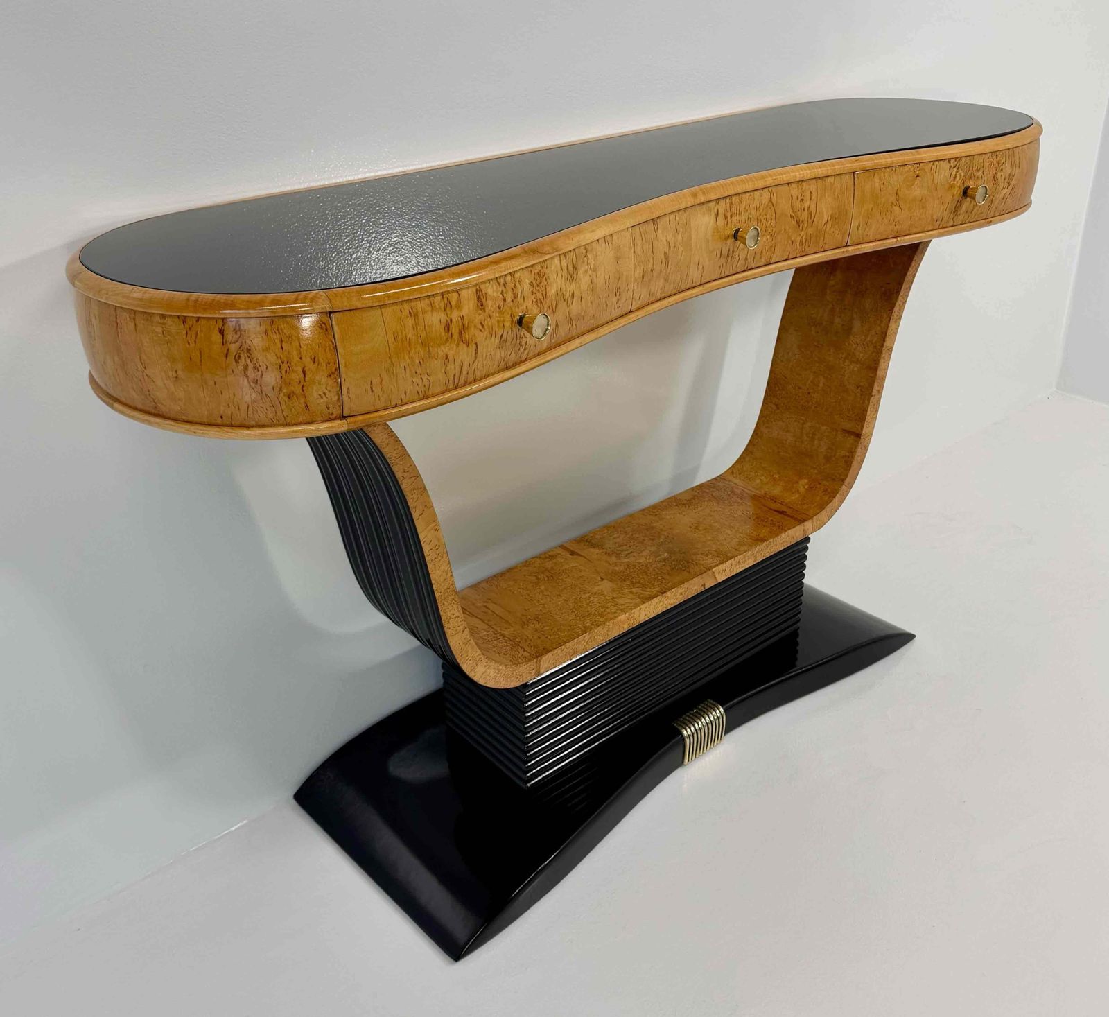 Italian Art Deco Console In Birch Burl And Black Lacquer, Attr. To Borsani, 40s photo 6966.0