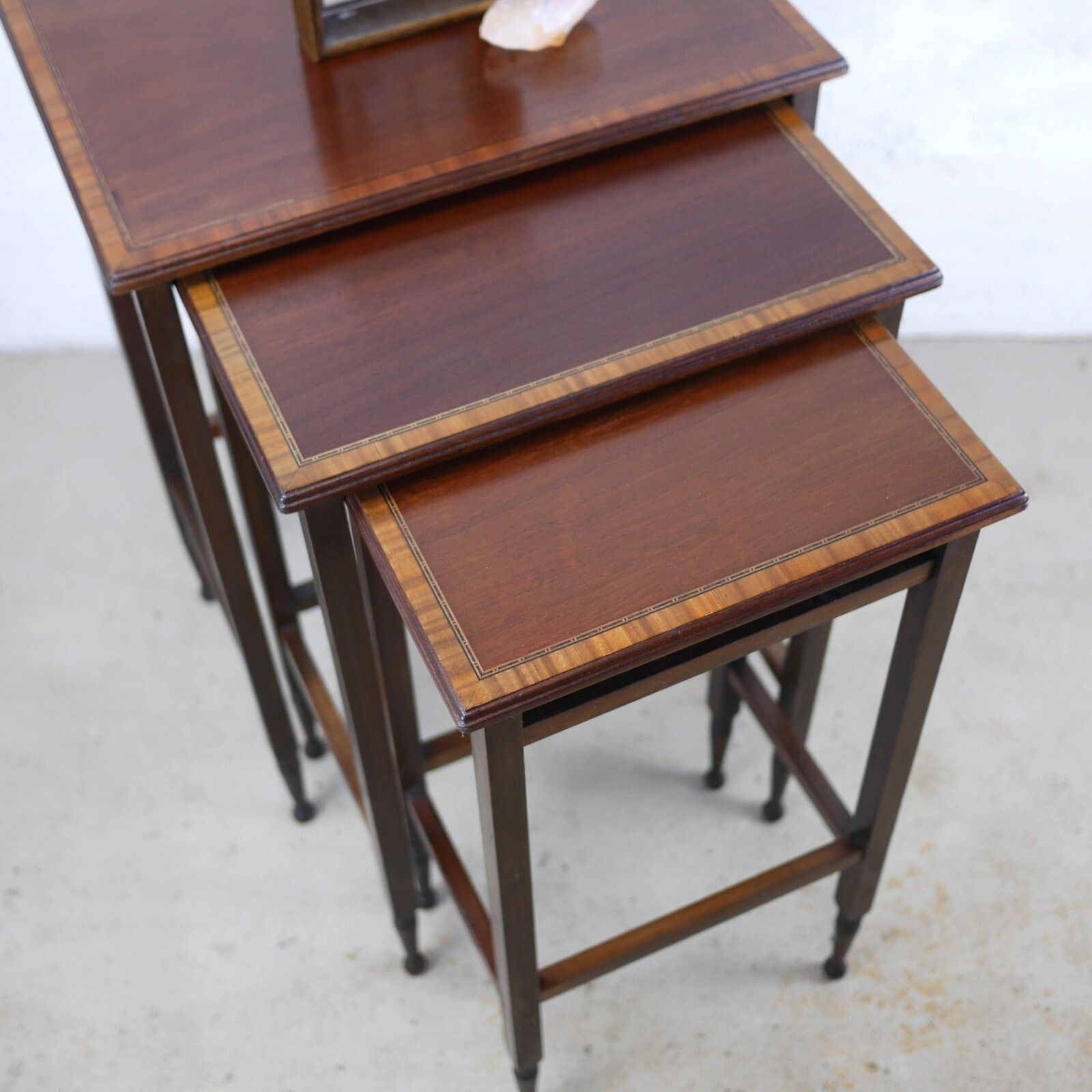 photo furniture Antique Nest Of 3 Walnut Tables English Inlaid Occasional Edwardian #103131