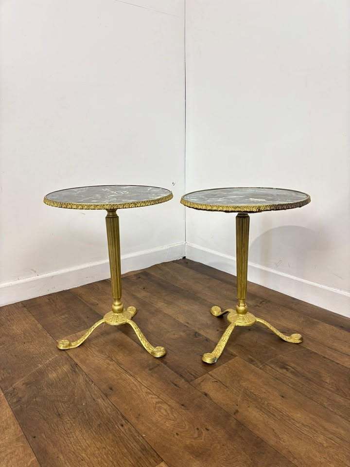 Pair Of Circular Gilt Based Tripod Wine Tables With Faux Marble Tops photo for sale