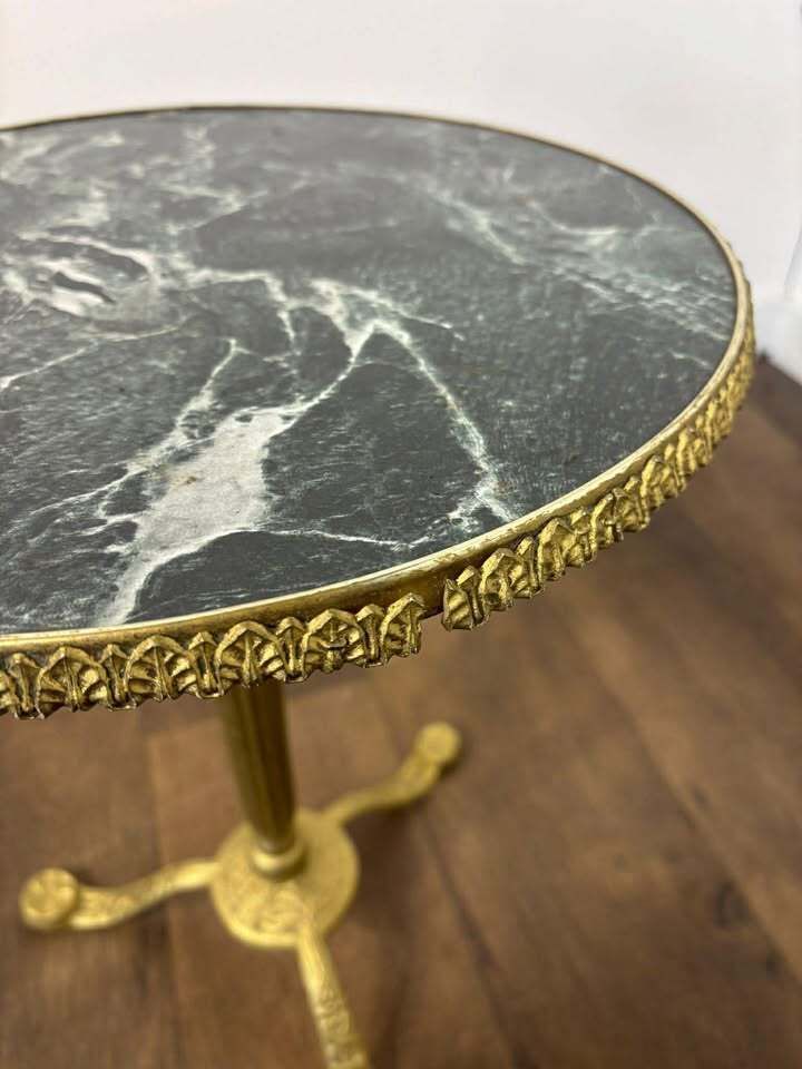 photo buy Pair Of Circular Gilt Based Tripod Wine Tables With Faux Marble Tops
