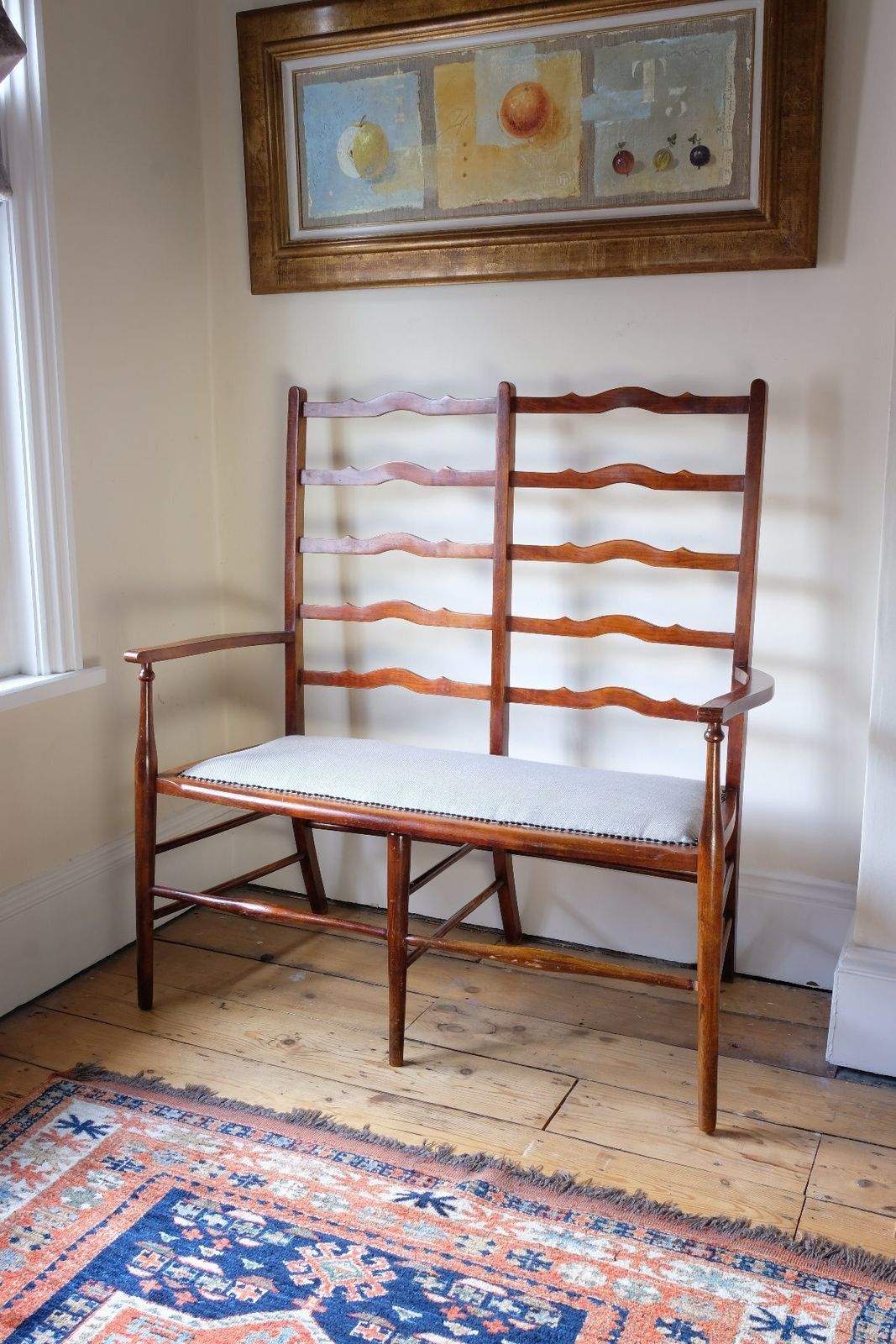 19th Century English Beech Ladder Back Bench With Horsehair Seat photo Furniture