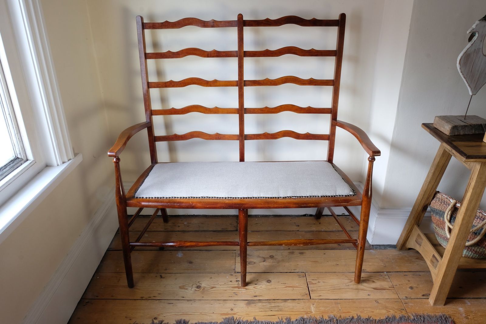 1050.0 19th Century English Beech Ladder Back Bench With Horsehair Seat photo