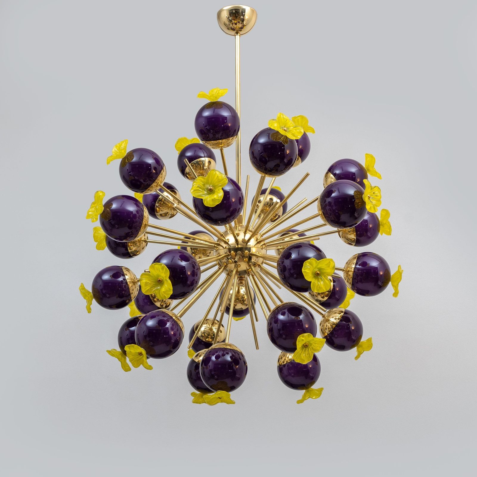 Italian Murano Glass And Brass Sputnik Chandelier, Yellow And Purple Spheres photo furniture