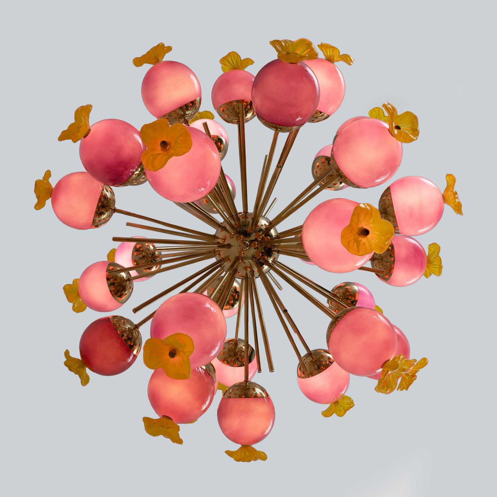 Italian Murano Glass And Brass Sputnik Chandelier, Yellow And Purple Spheres photo vinterior