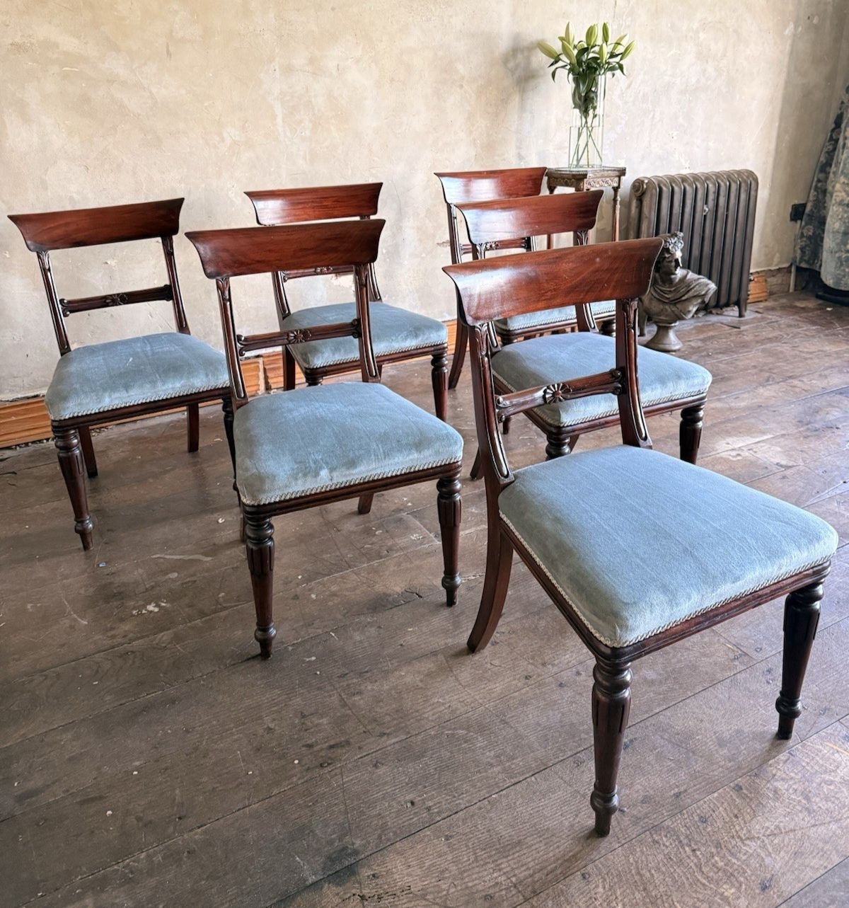 English Matching Set Of 6 Antique Mahogany Regency Blue Dining Chairs 1820c photo 999.0
