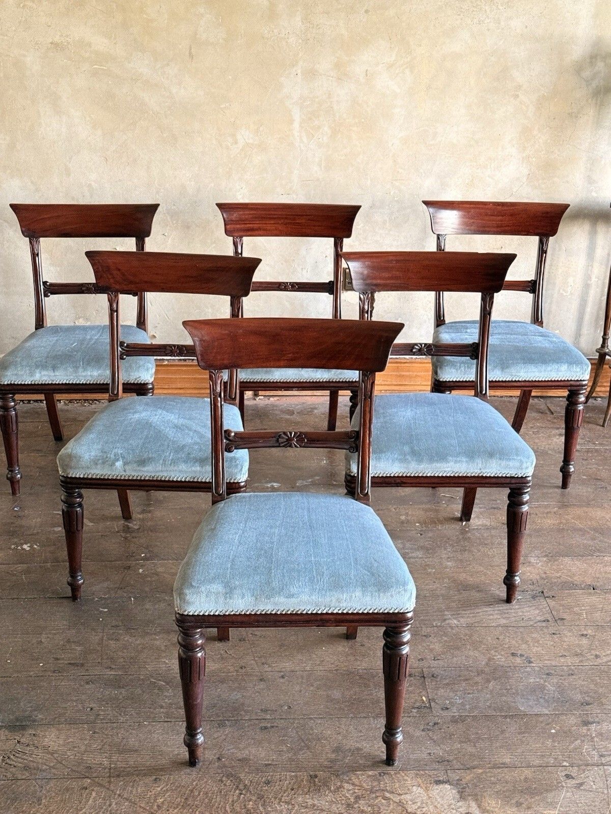 photo for sale English Matching Set Of 6 Antique Mahogany Regency Blue Dining Chairs 1820c