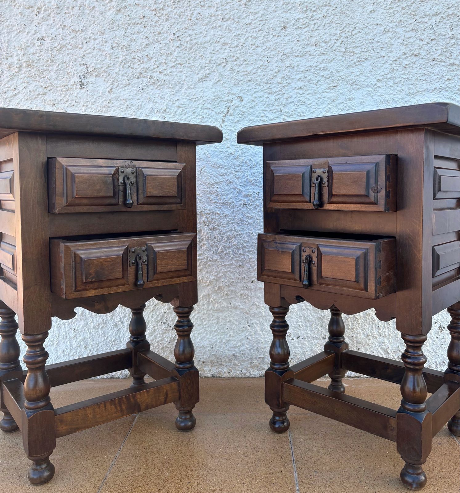 Pair Of Spanish Rustic Wooden Night Stands, Mid 20th Century photo vinterior