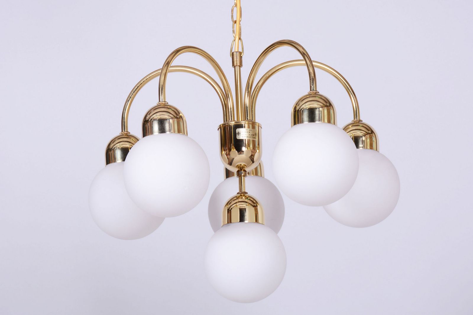 Restored Mid Century Chandelier, Brass, Opaline Glass, Repolished, Czech, 1950s photo furniture