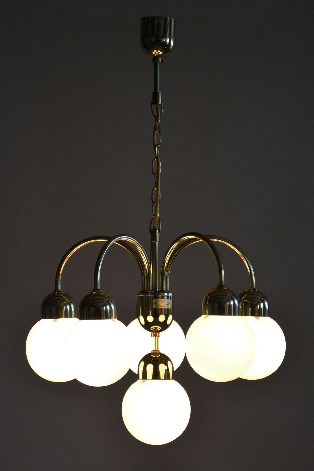 photo for sale Restored Mid Century Chandelier, Brass, Opaline Glass, Repolished, Czech, 1950s