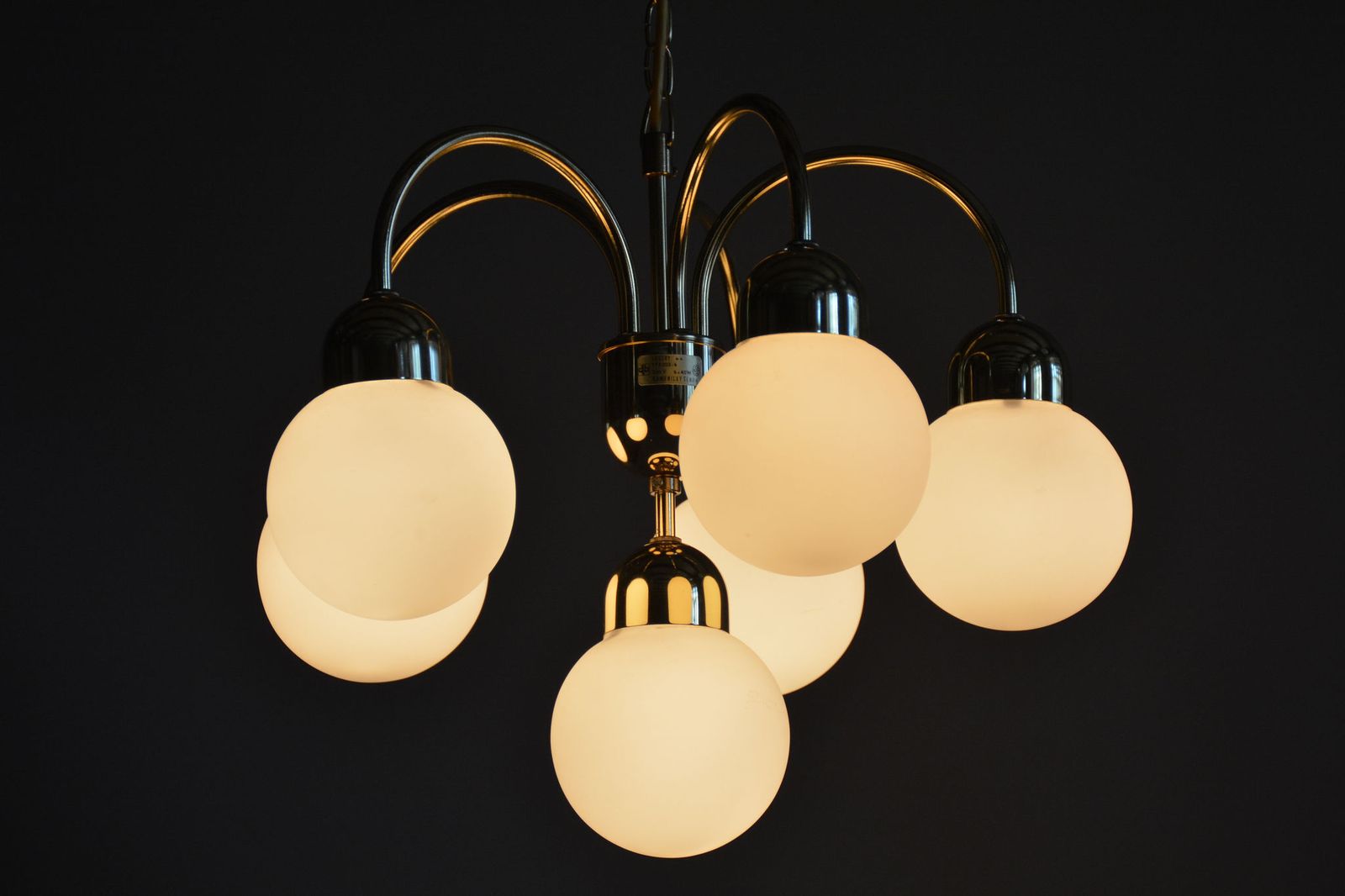 Lighting Restored Mid Century Chandelier, Brass, Opaline Glass, Repolished, Czech, 1950s photo