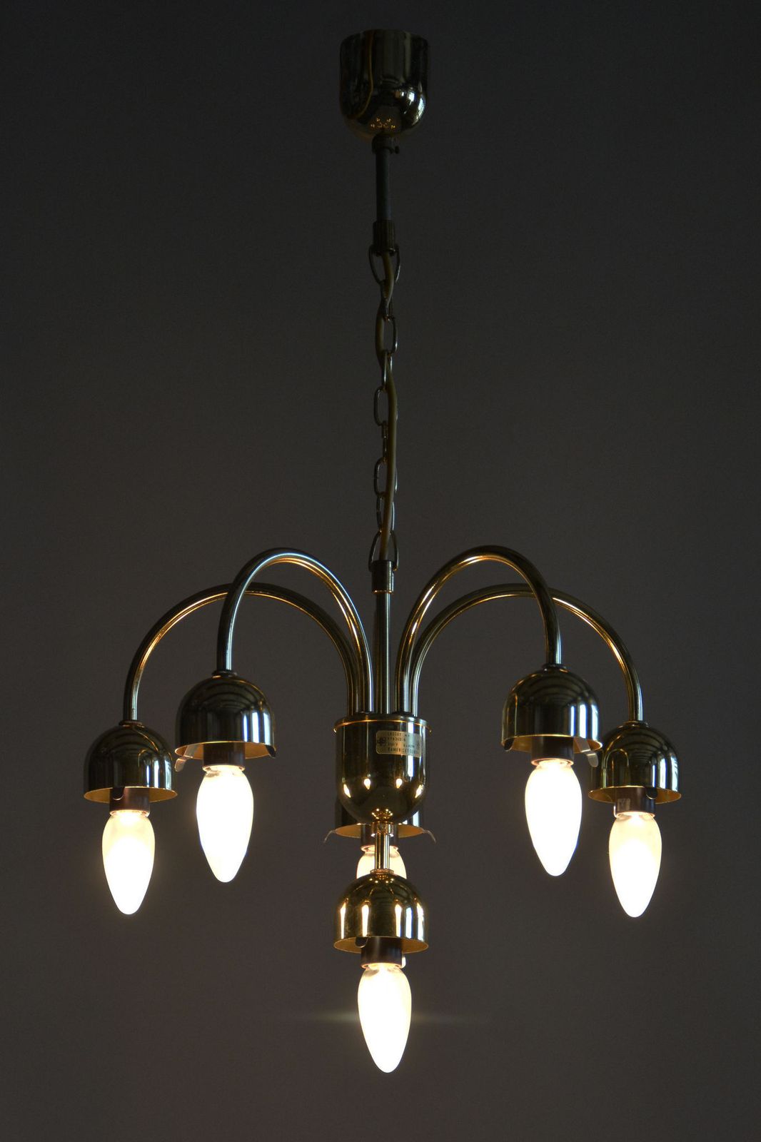photo buy Restored Mid Century Chandelier, Brass, Opaline Glass, Repolished, Czech, 1950s