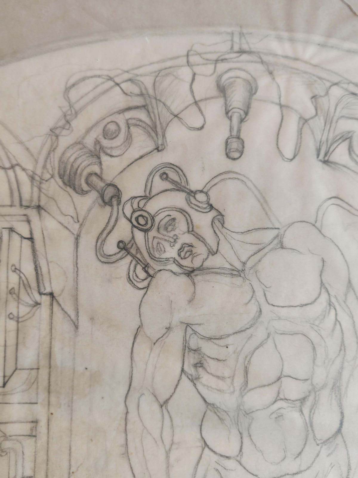 Figurative Composition With Mechanical Motifs, Pencil On Paper By Dusan Gakovic photo vintage