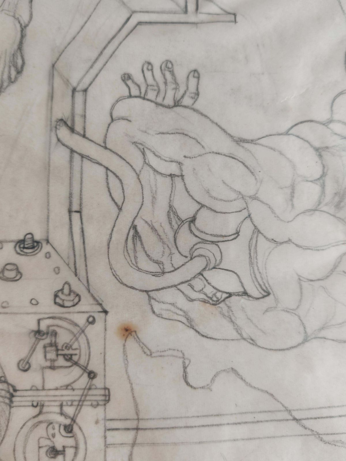 photo for sale Figurative Composition With Mechanical Motifs, Pencil On Paper By Dusan Gakovic
