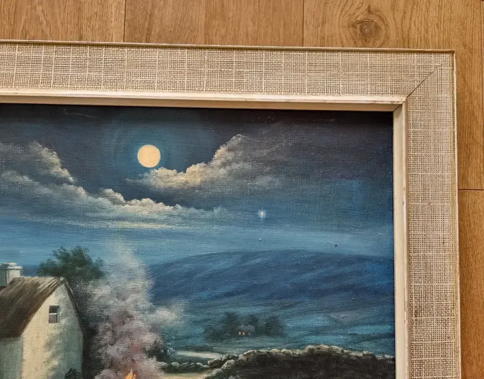 photo for sale Large Framed Vintage Oil Painting Moonlit Irish Cottage Night River Fishing