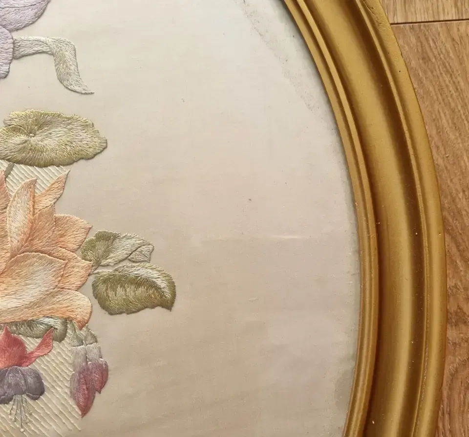 photo buy Early 20th Century Silk Embroiderd Flowers Round Gilt Frame 61 Cm Needlework