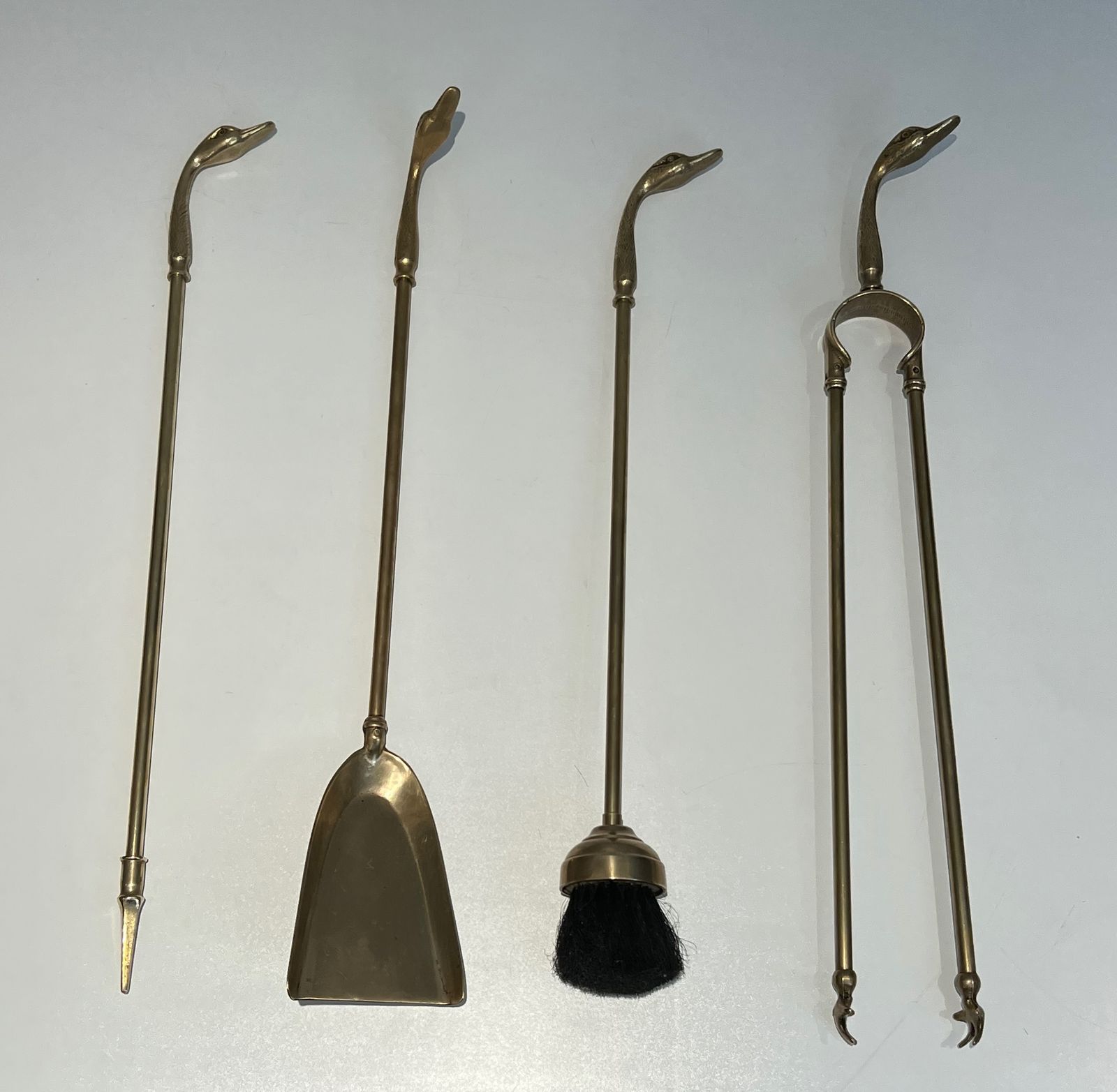 Brass Fire Set With Duck Heads In The Style Of Maison Jansen photo vinterior