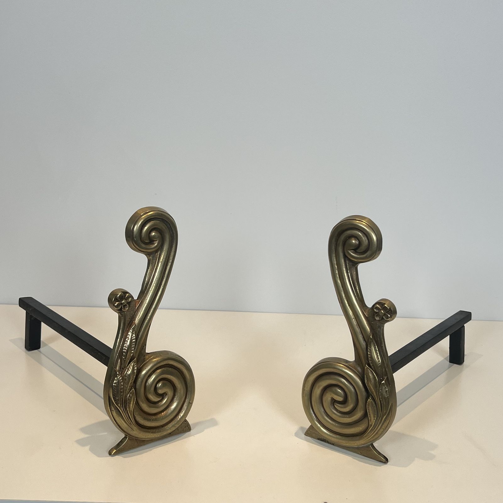 Pair Of Louis XVI Style Andirons In Bronze And Wrought Iron, Signed Armor Din