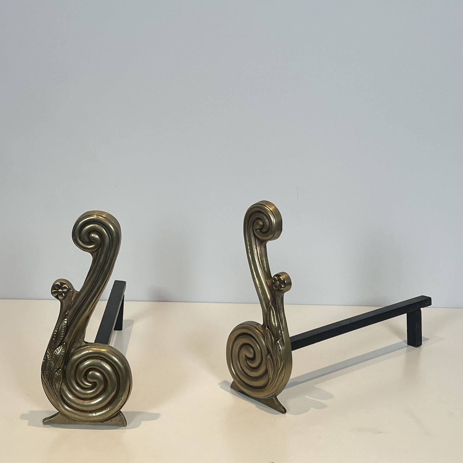 Pair Of Louis XVI Style Andirons In Bronze And Wrought Iron, Signed Armor Din photo Home Fixtures