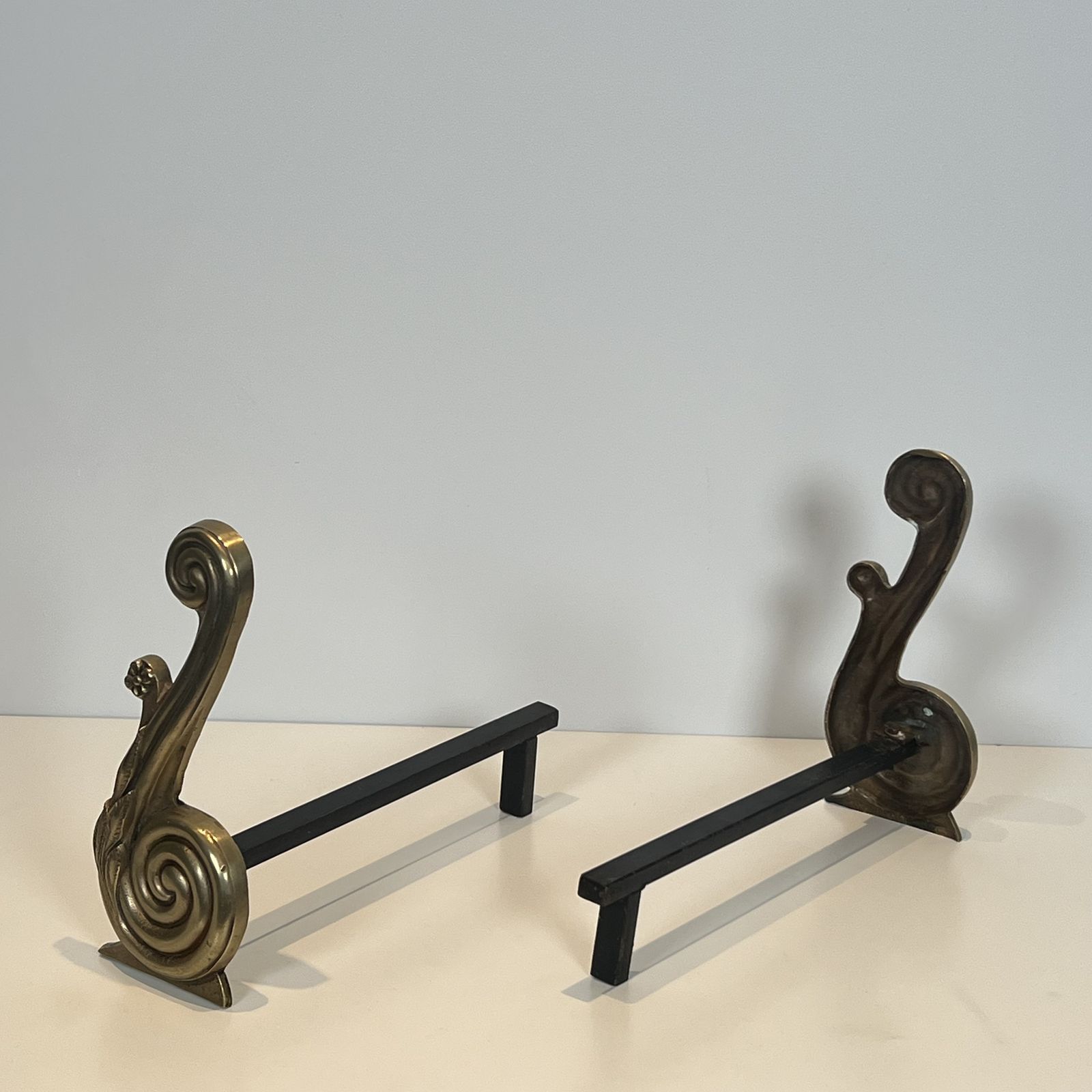 Pair Of Louis XVI Style Andirons In Bronze And Wrought Iron, Signed Armor Din photo vinterior