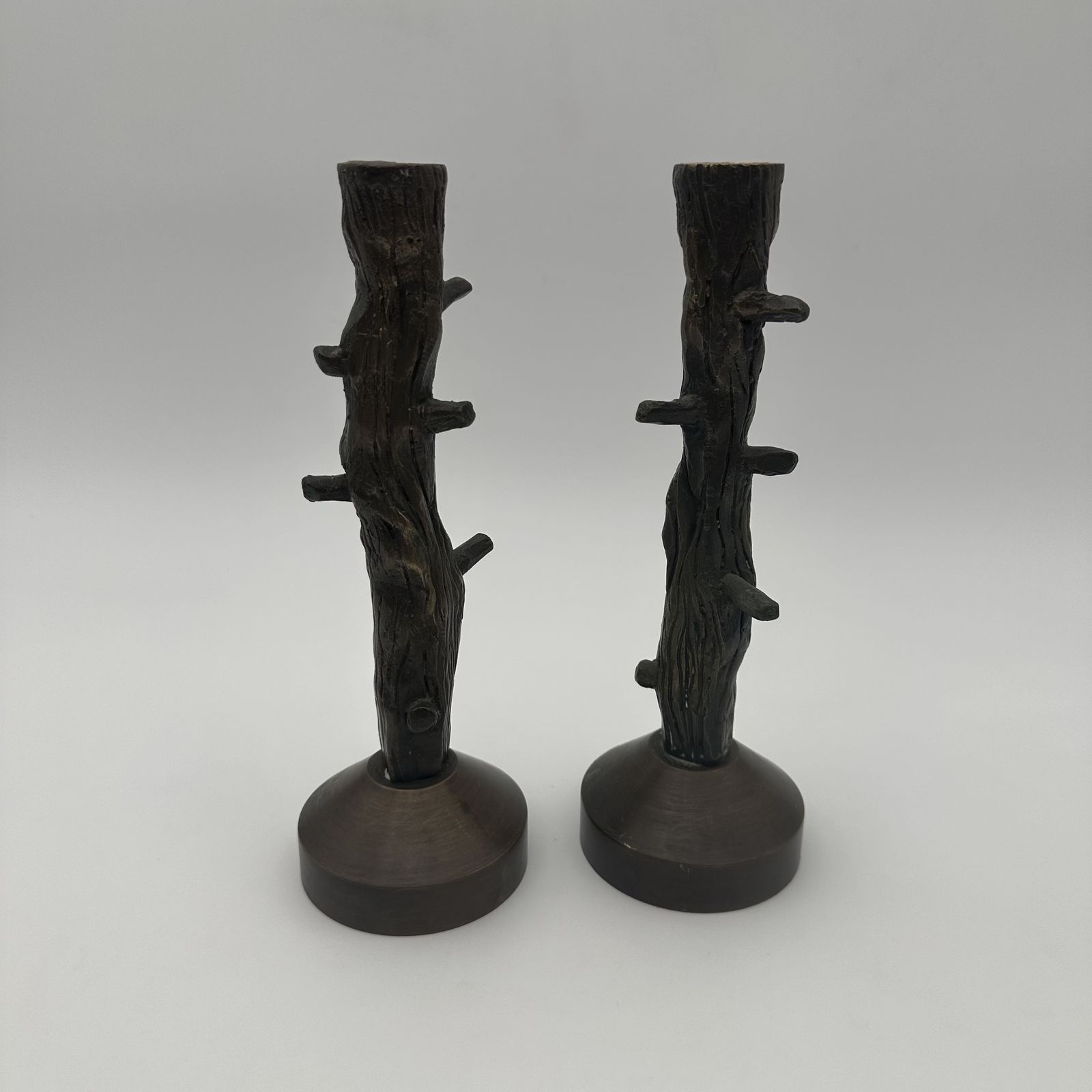 Pair Of Bronze Candlesticks Imitating Wood, Circa 1970 photo for sale