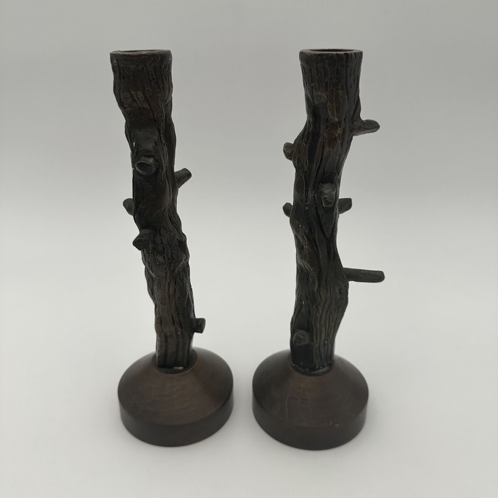 Pair Of Bronze Candlesticks Imitating Wood, Circa 1970 photo Home Decor