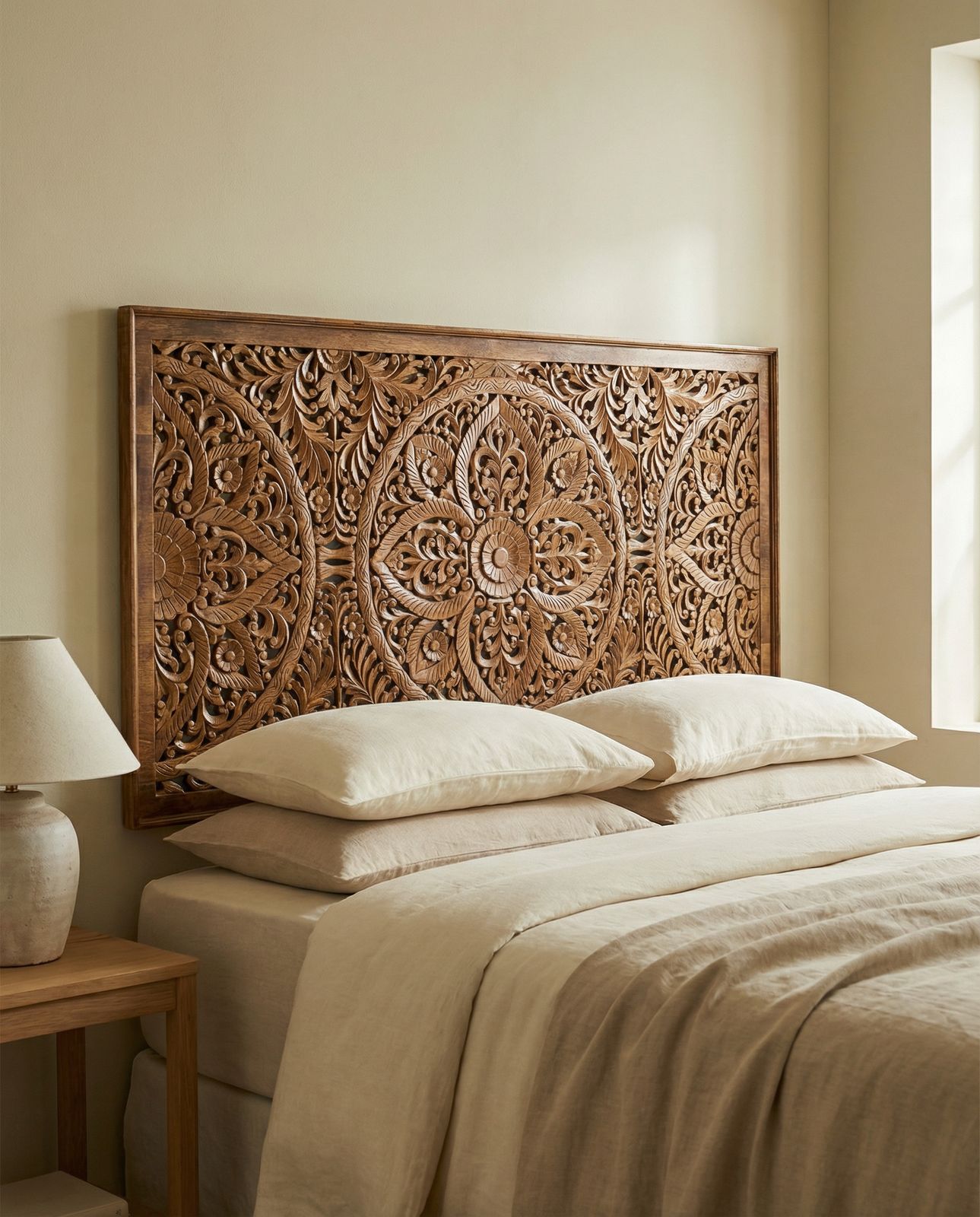 Hand Carved Mango Wood Headboard – Natural Finish Mandala Design photo for sale