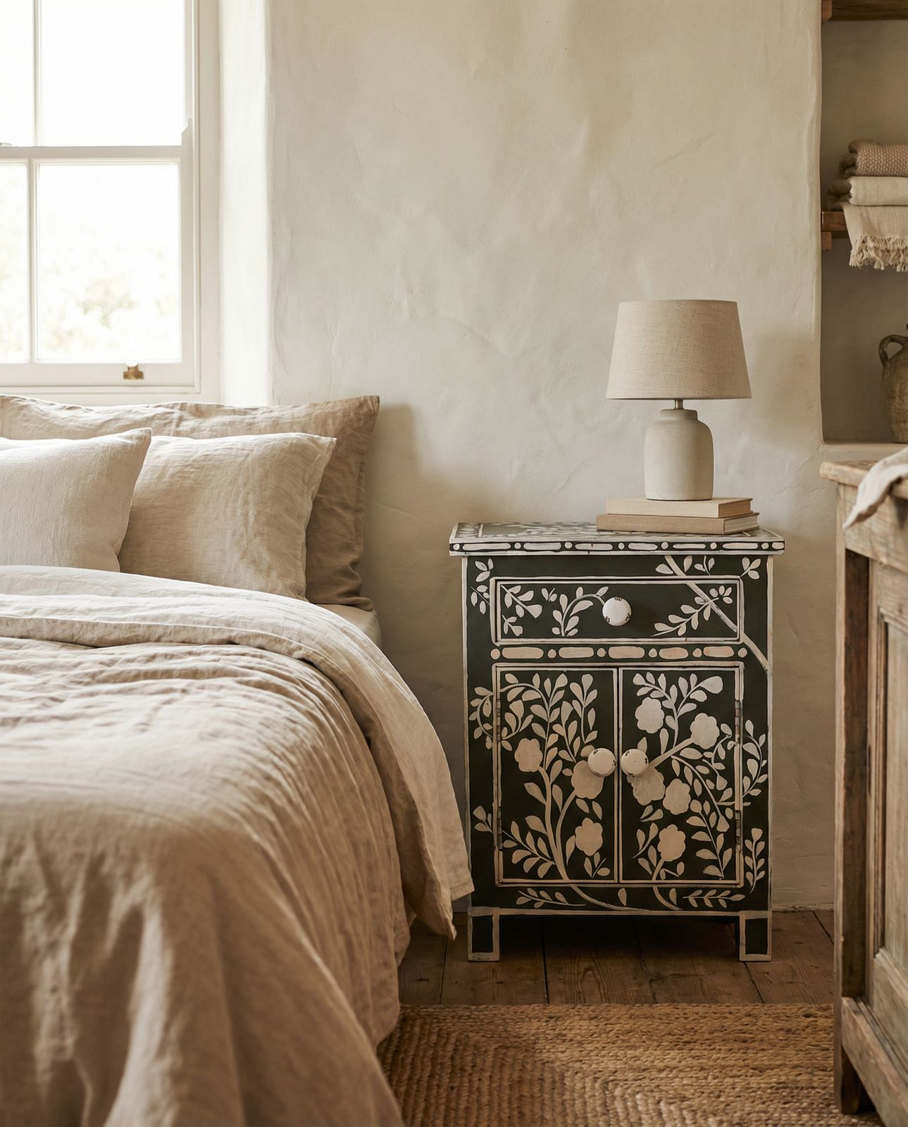 Hand Painted Mango Wood Bedside Table – Floral Carved 2 Door Cabinet In Black