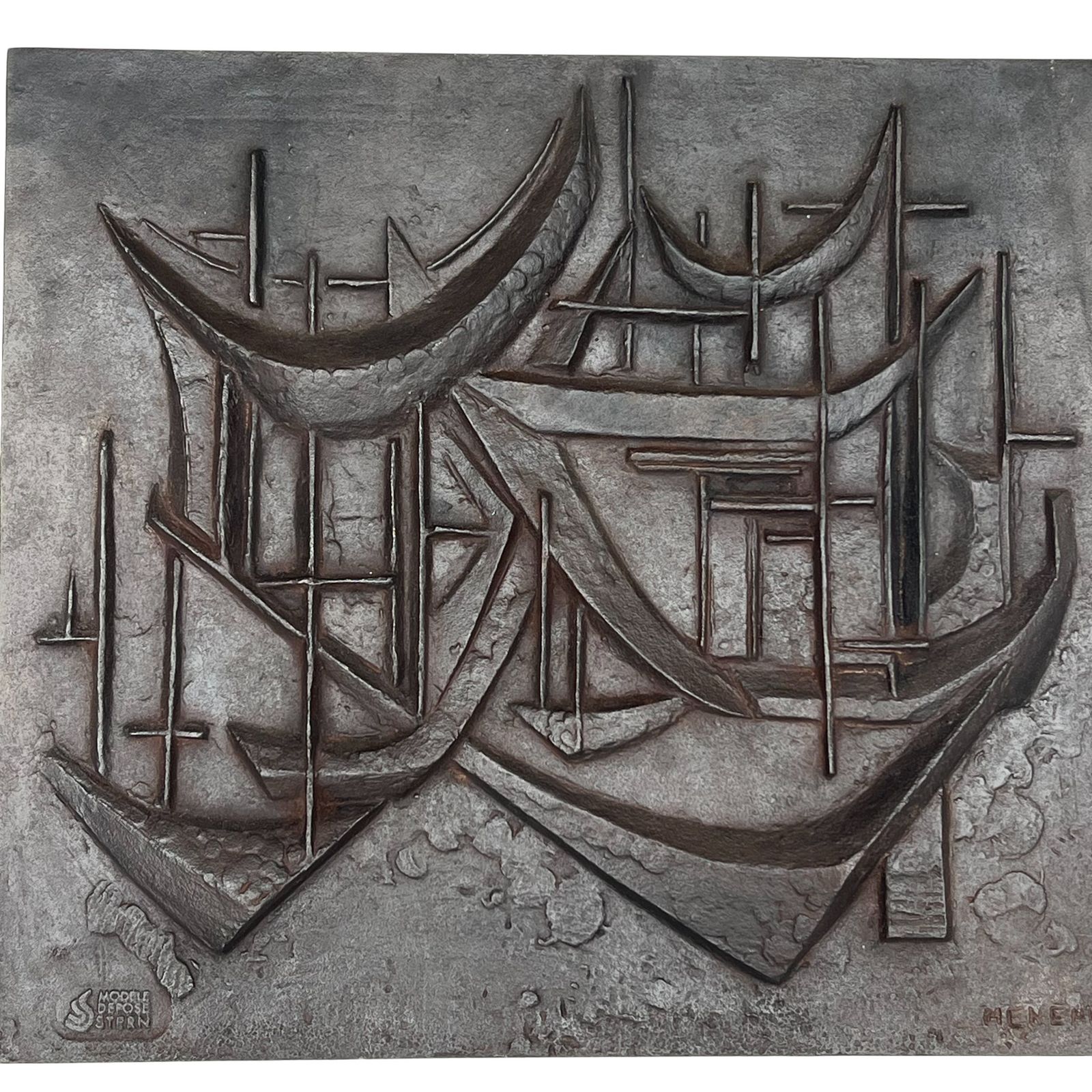 Modernist Cast Iron Fireback "The Sailboats" Signed photo Home Fixtures