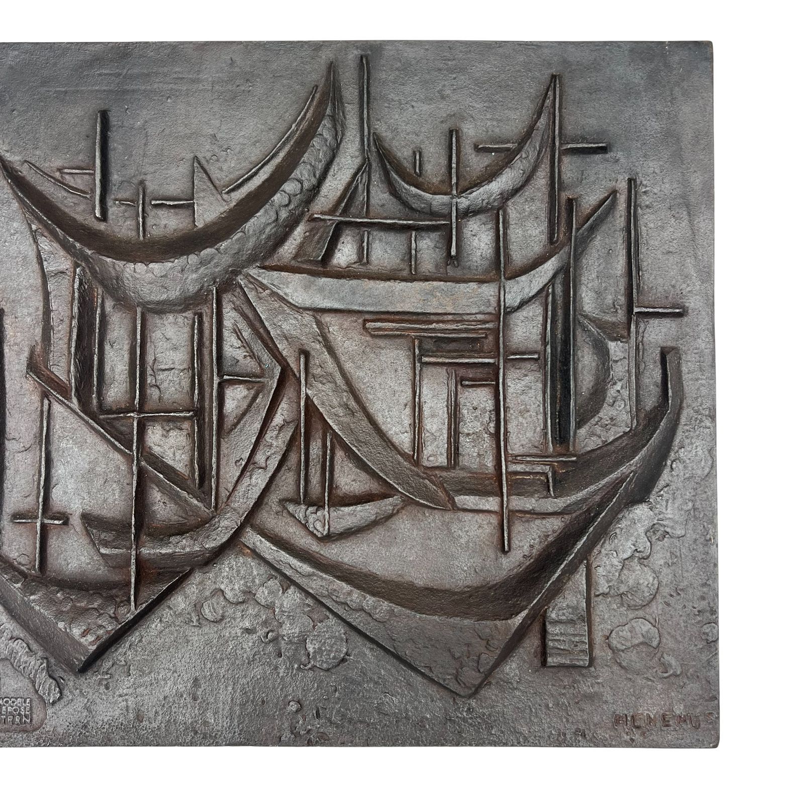 Modernist Cast Iron Fireback "The Sailboats" Signed photo vinterior