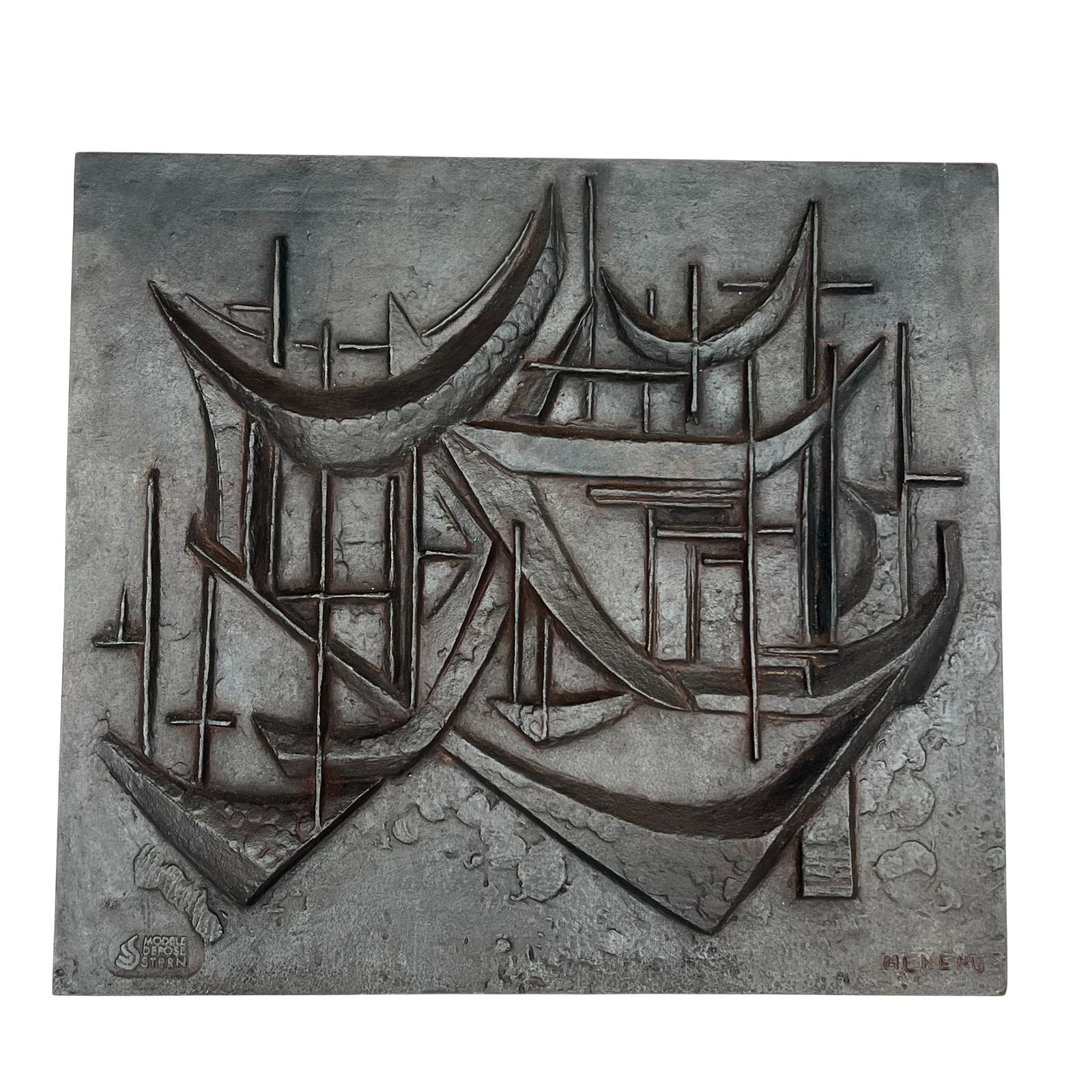 1650.0 Modernist Cast Iron Fireback "The Sailboats" Signed photo