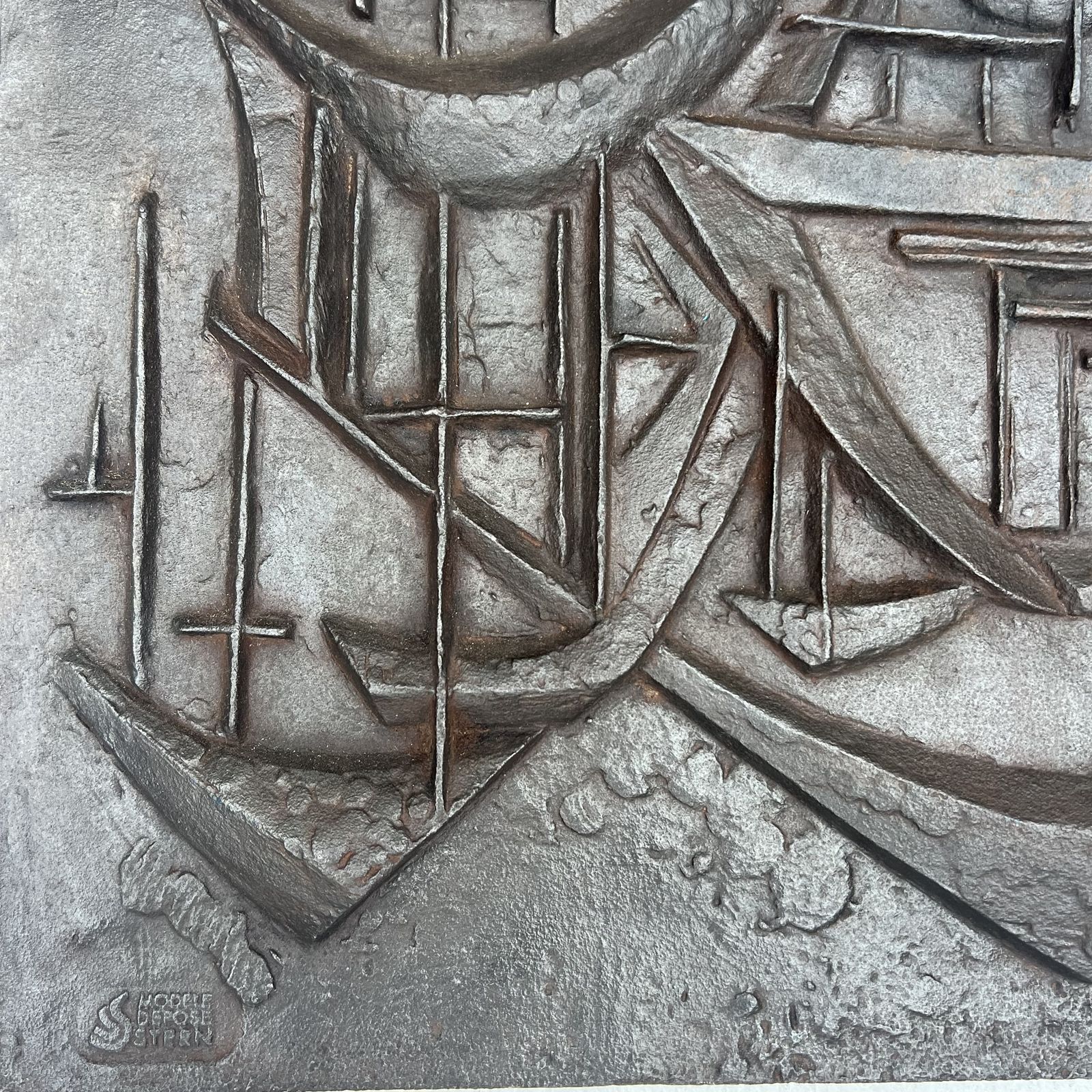 photo buy Modernist Cast Iron Fireback "The Sailboats" Signed