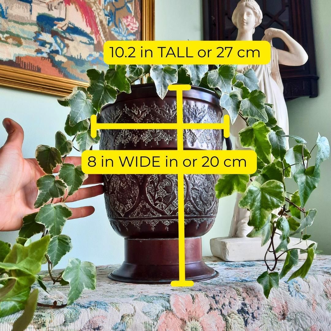 Large Antique Middle Eastern Indian Copper Cauldron Jardiniere With Insert H 10.2'' photo furniture