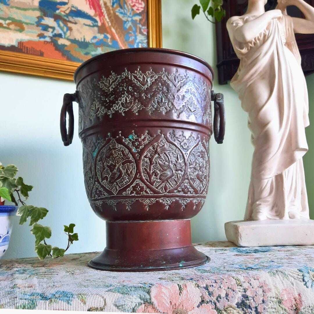 Large Antique Middle Eastern Indian Copper Cauldron Jardiniere With Insert H 10.2'' photo Home Decor