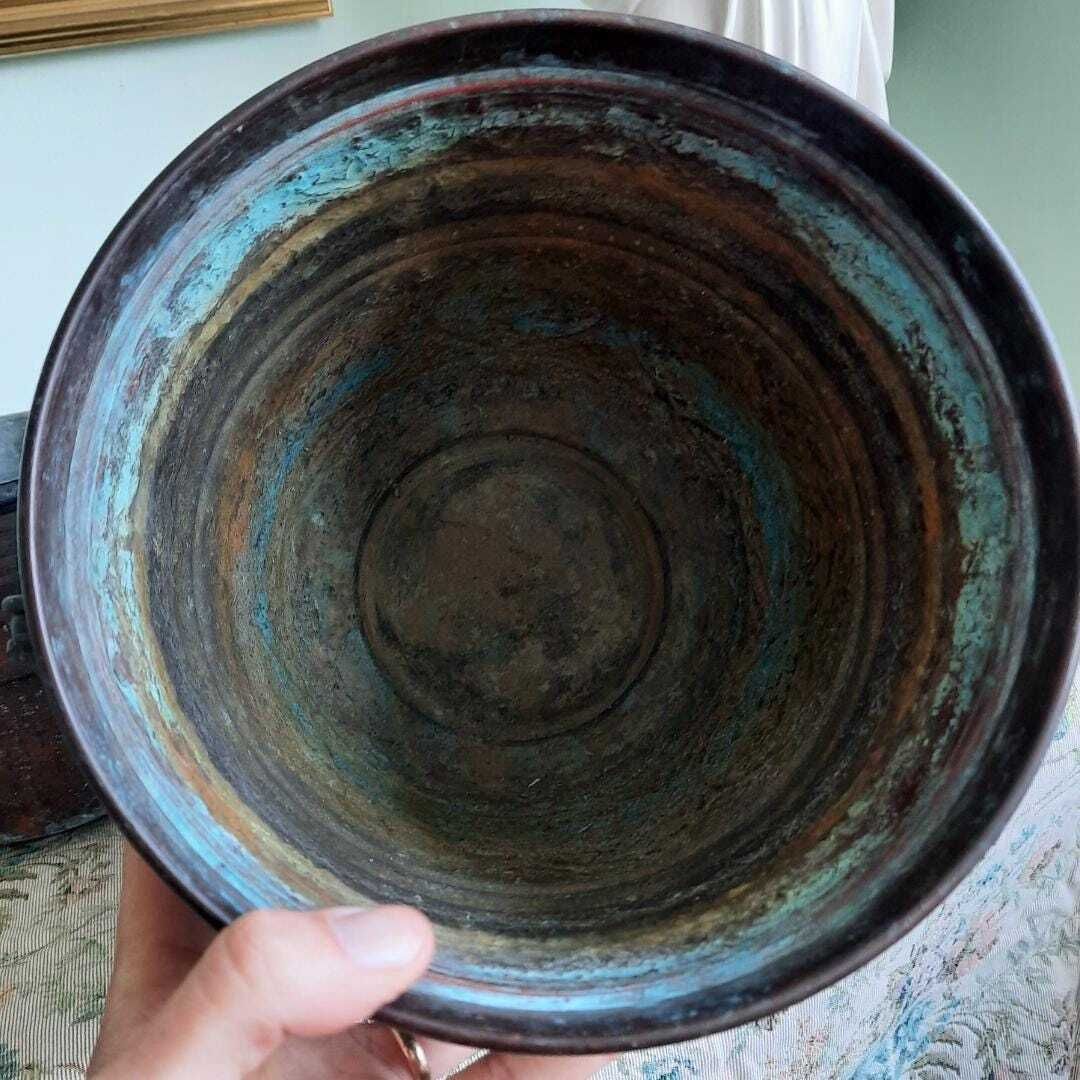 Large Antique Middle Eastern Indian Copper Cauldron Jardiniere With Insert H 10.2'' photo vinterior