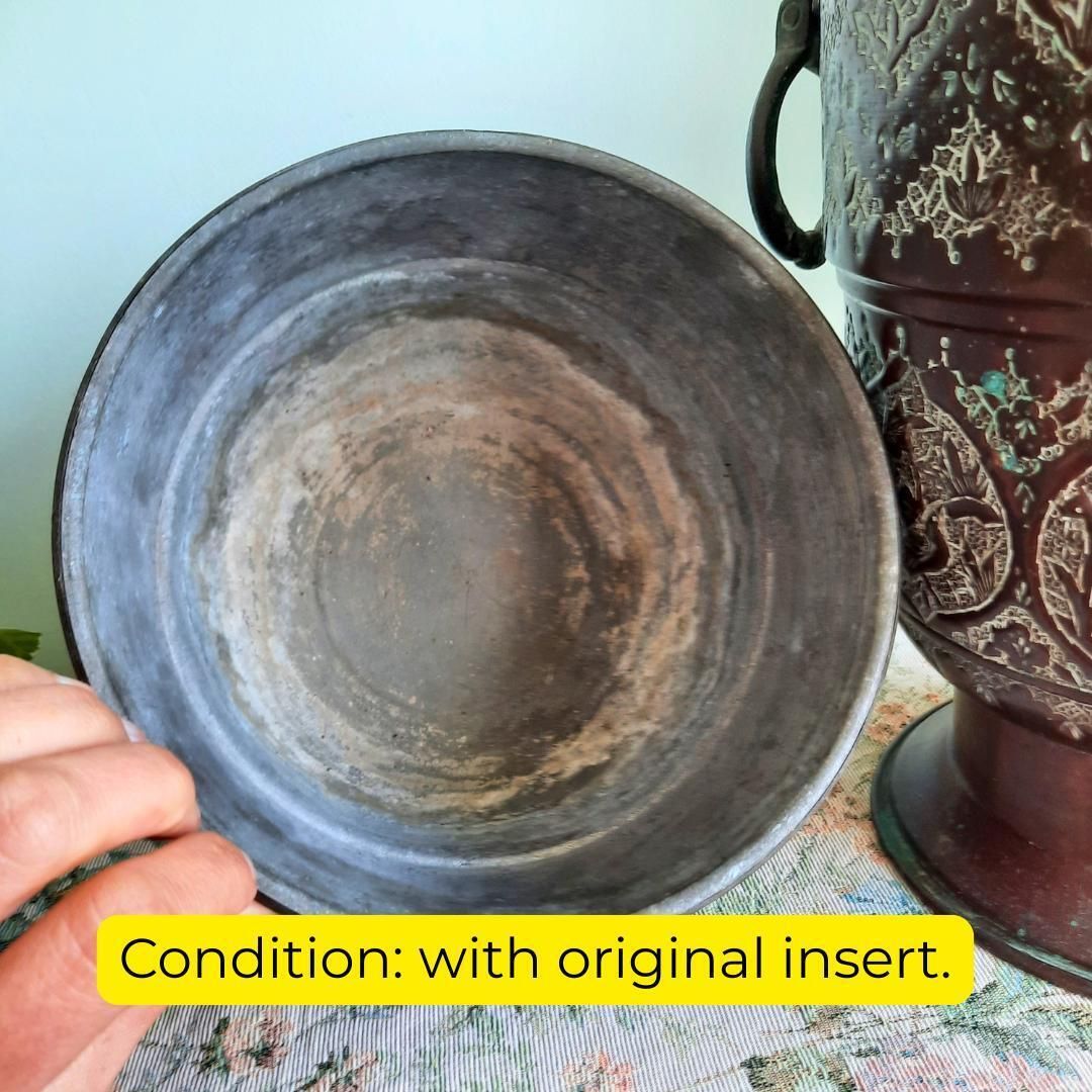 Large Antique Middle Eastern Indian Copper Cauldron Jardiniere With Insert H 10.2'' photo vintage