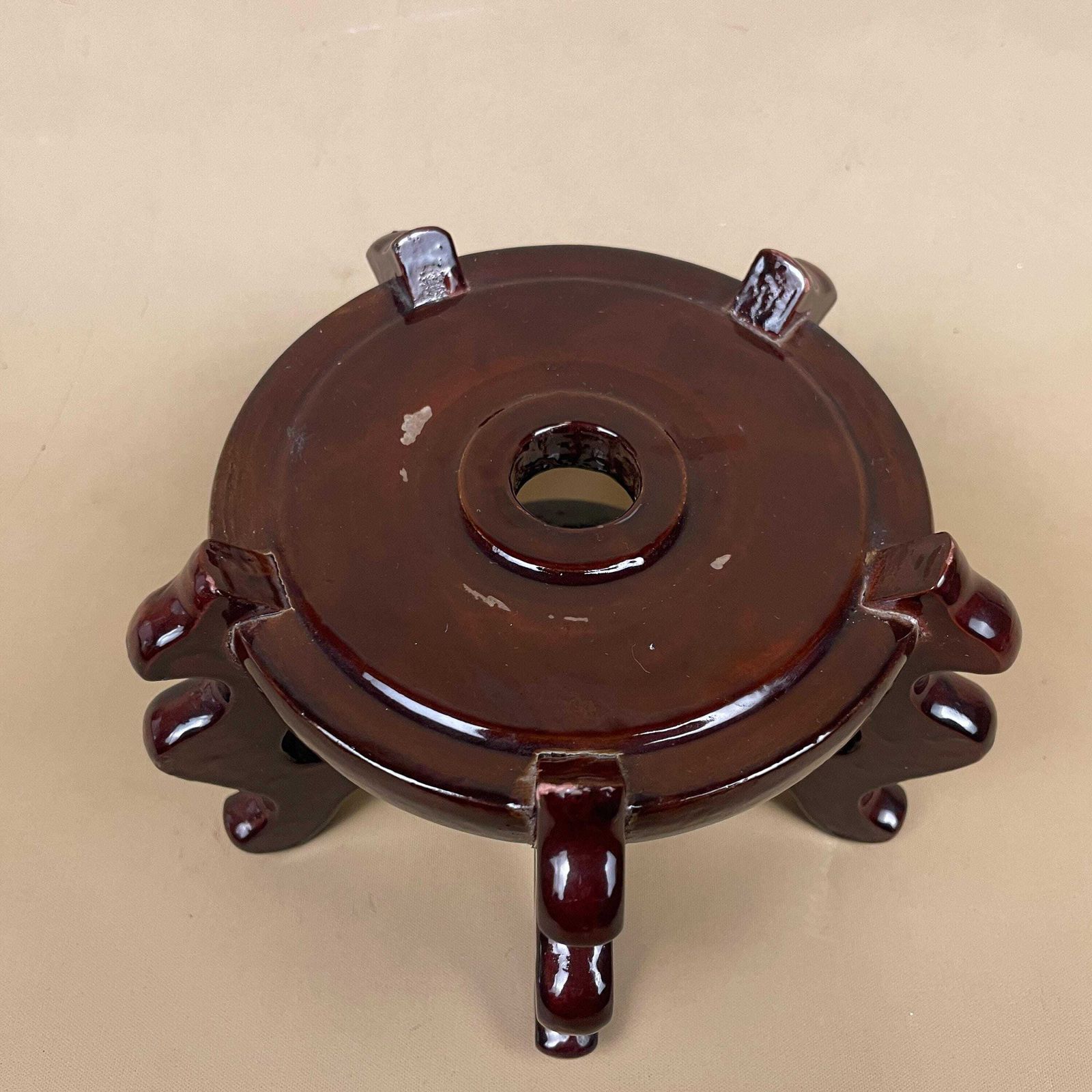 Vintage Wooden Oriental Plant / Pot Stand Round Circle Top Dark Finished Wood Small Asian Style Chinese Table Top Ornament Stand Varnished photo Furniture