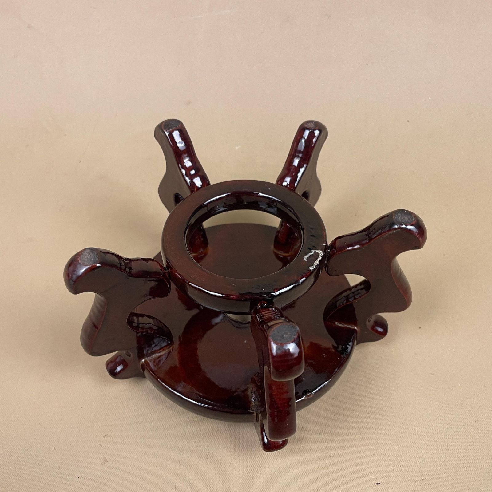 Vintage Wooden Oriental Plant / Pot Stand Round Circle Top Dark Finished Wood Small Asian Style Chinese Table Top Ornament Stand Varnished photo vinterior