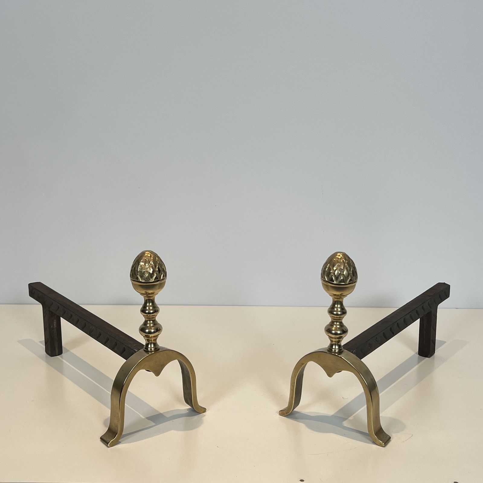 Pair Of Neoclassical Style Brass Andirons With Pine Cones