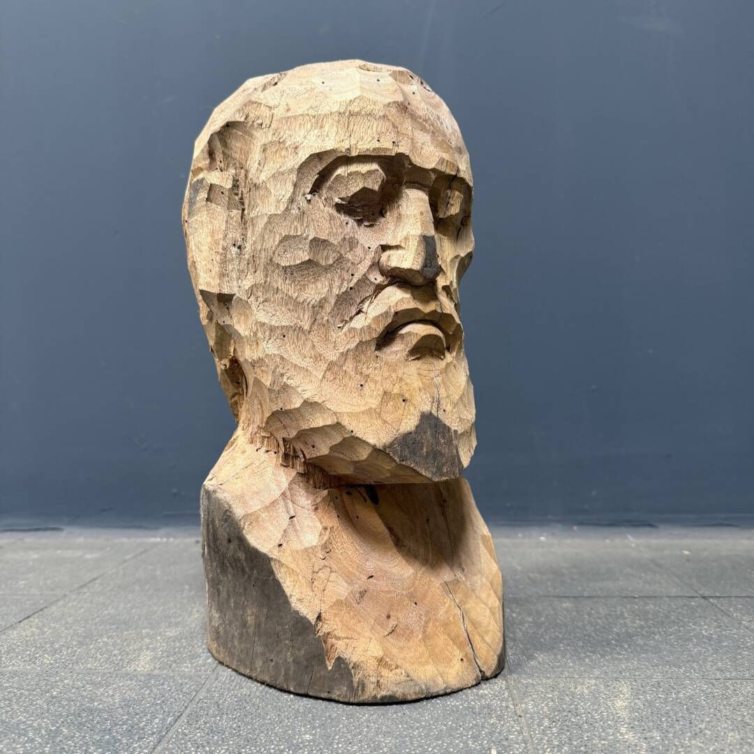 A Wooden Carving Of A Man's Head Or Bust With A Beard photo vinterior