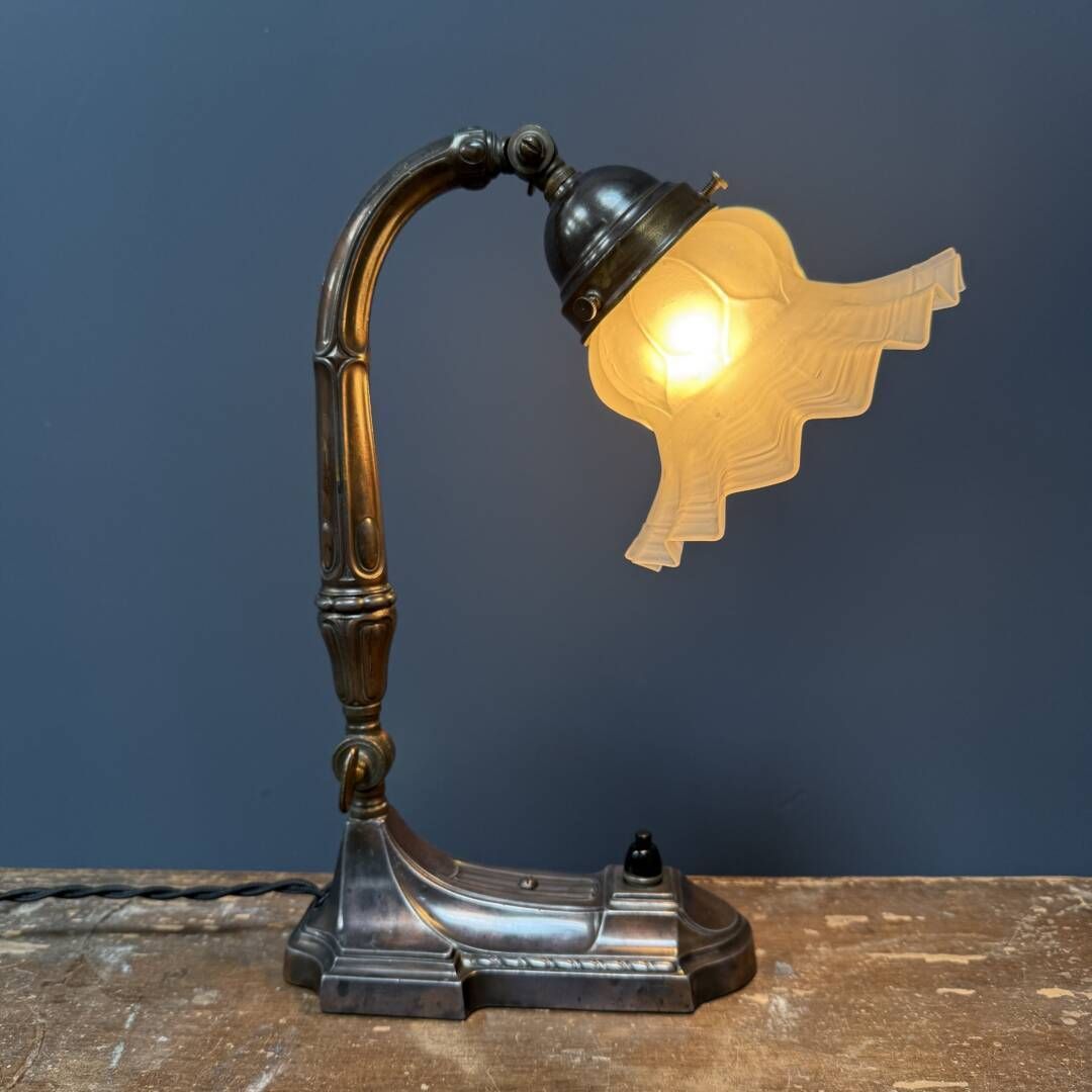 Antique Art Nouveau Table Lamp With Frosted Glass Shade photo furniture