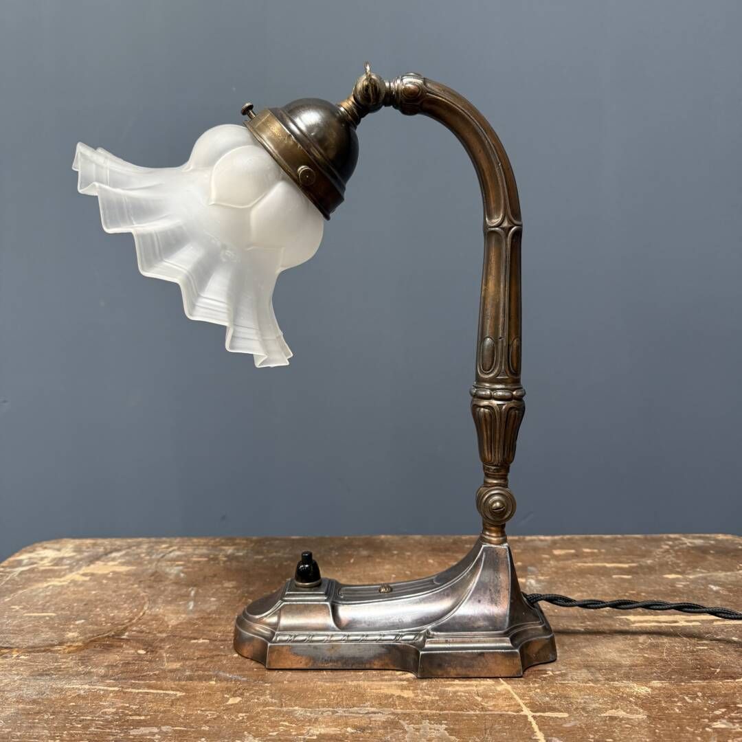 Antique Art Nouveau Table Lamp With Frosted Glass Shade photo for sale