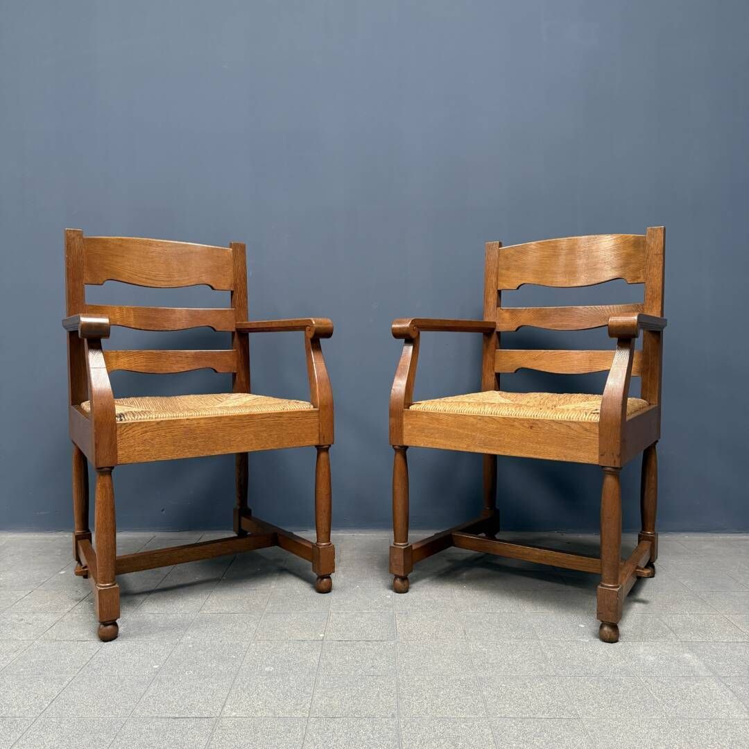 Set Of Two Dutch Oak Armchairs With Sewn In Seat Cushions
