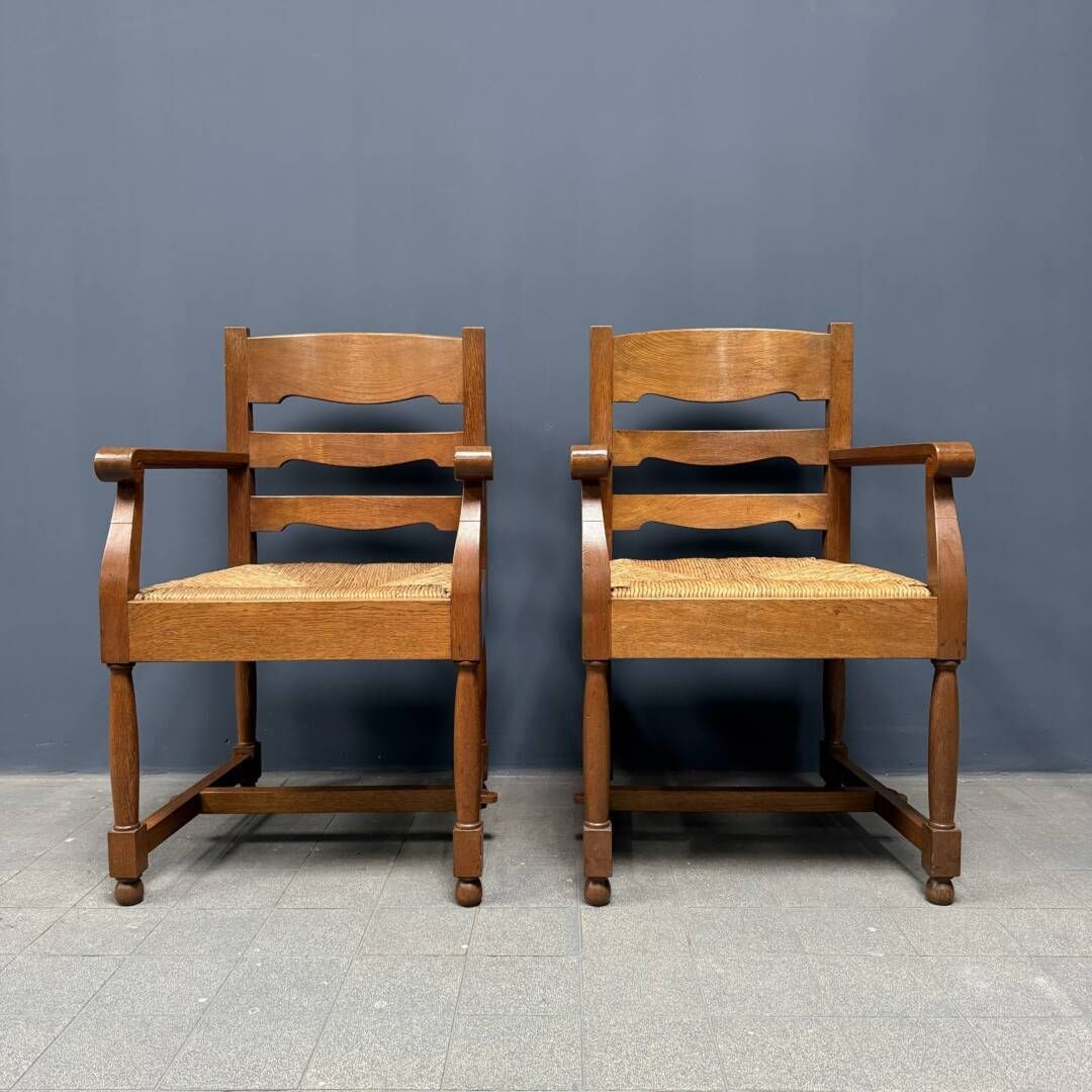 Set Of Two Dutch Oak Armchairs With Sewn In Seat Cushions photo for sale