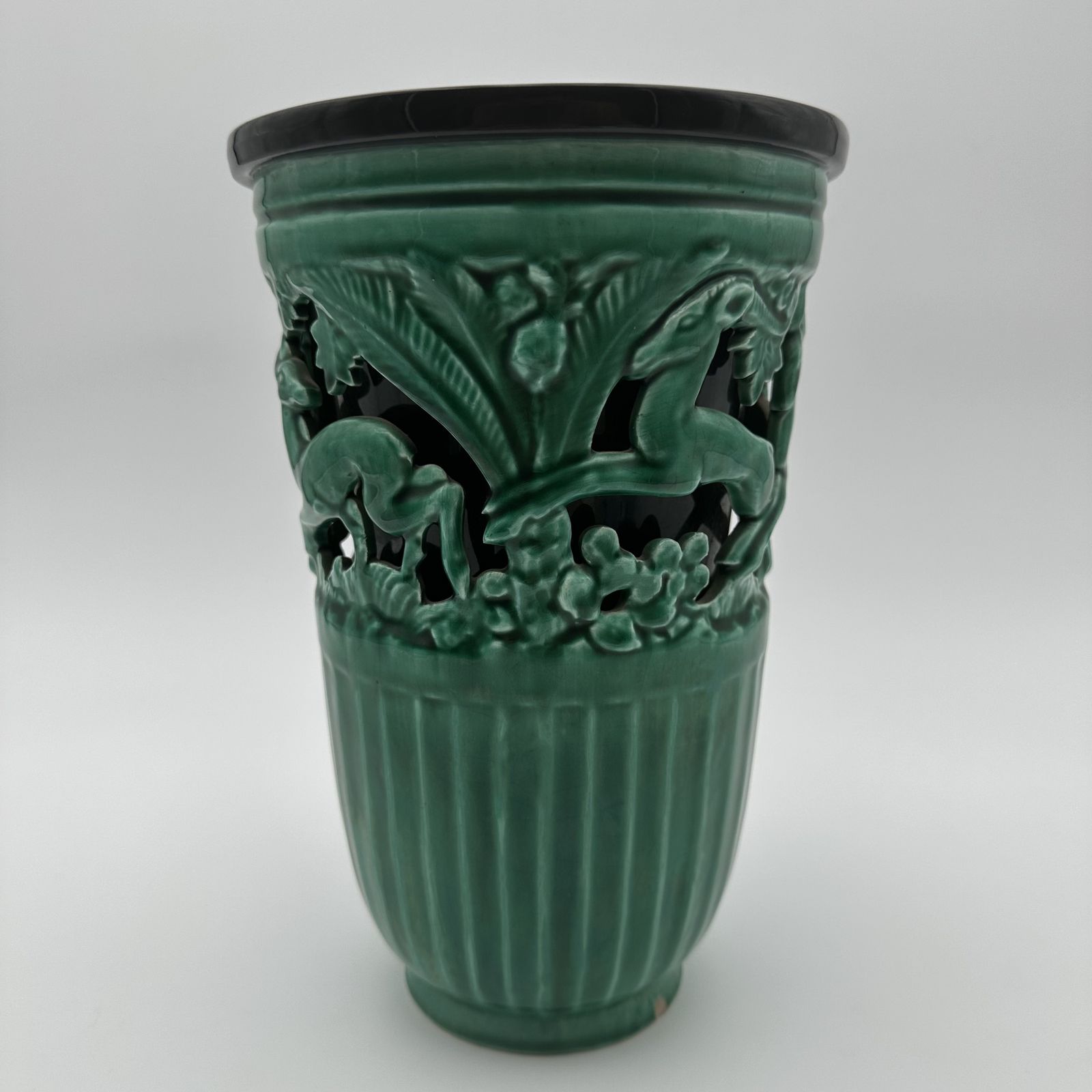 Green Ceramic Vase Decorated With Deer – Signed By Sainte Radegonde, Circa 1970 photo Home Decor