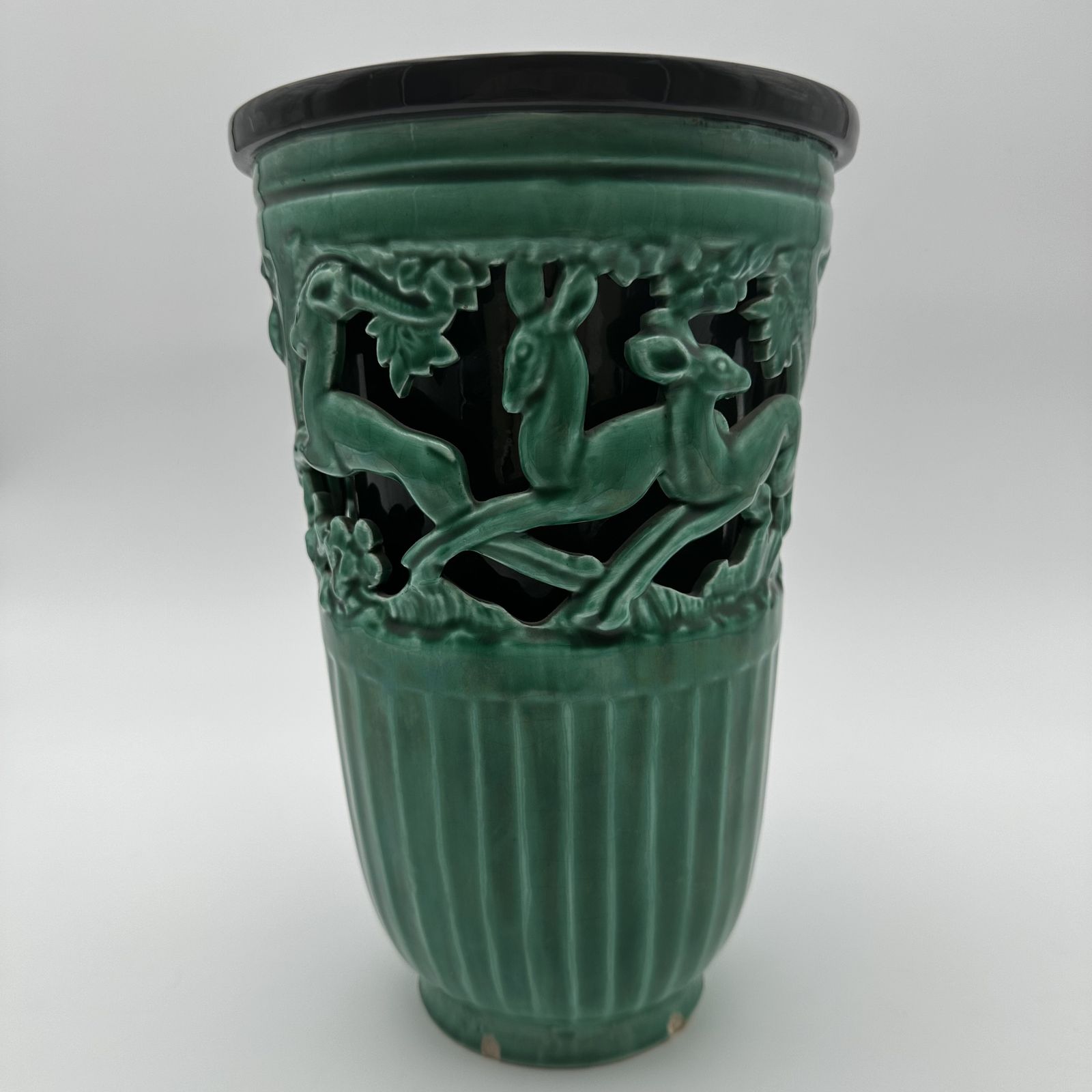 Green Ceramic Vase Decorated With Deer – Signed By Sainte Radegonde, Circa 1970 photo 750.0